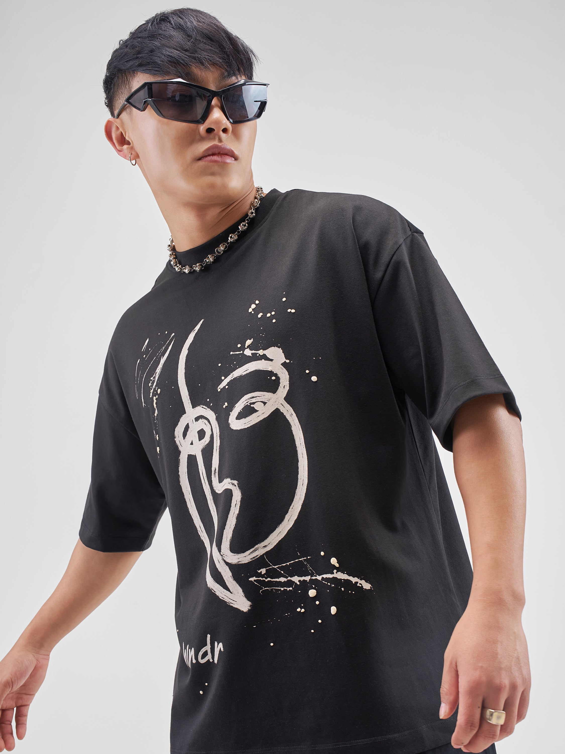 Highlander Men Black Printed Round Neck Oversized Fit T-Shirt - Black - Image 1