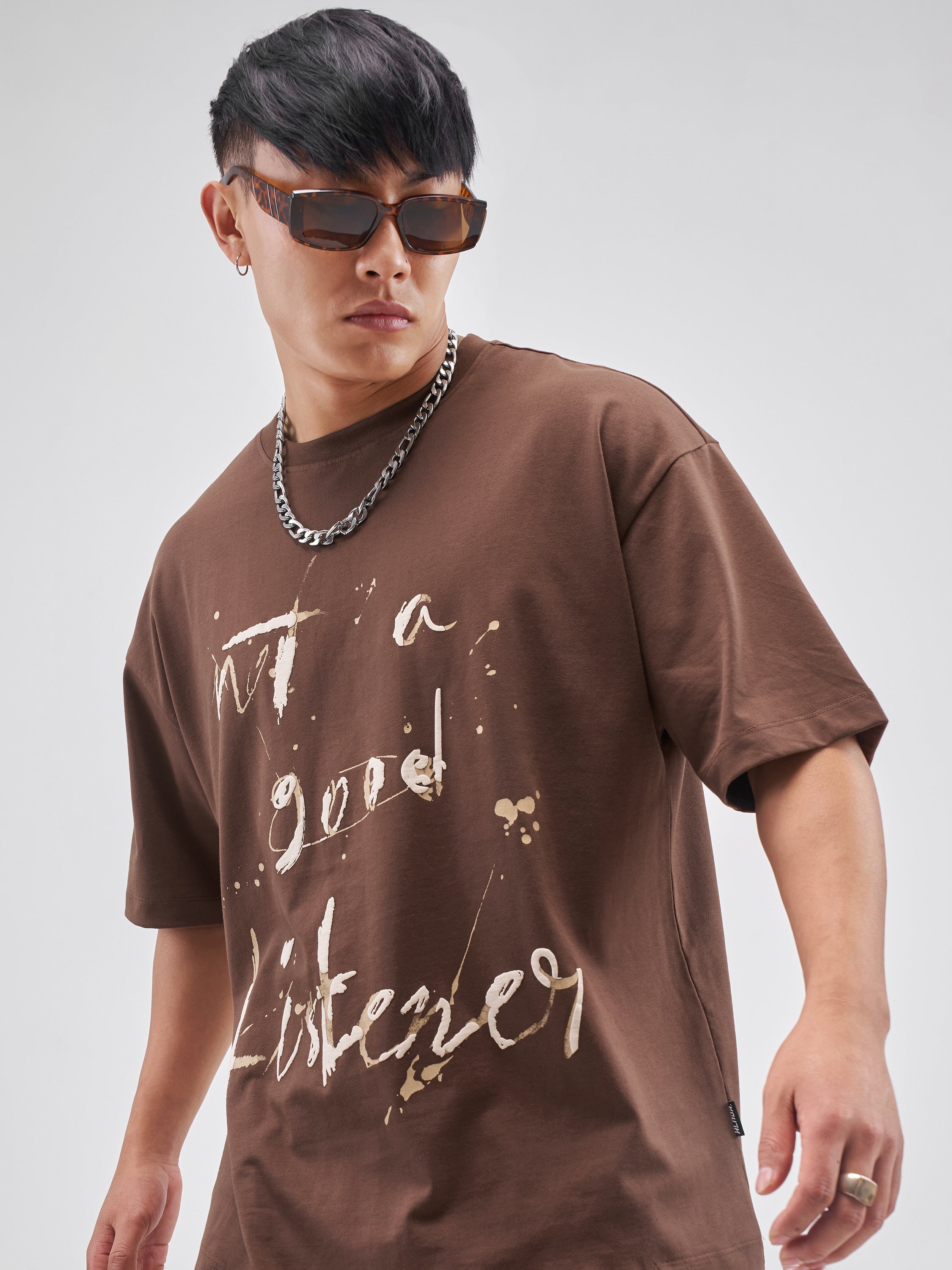Highlander Men Brown Printed Round Neck Oversized Fit T-Shirt - Brown - Image 1