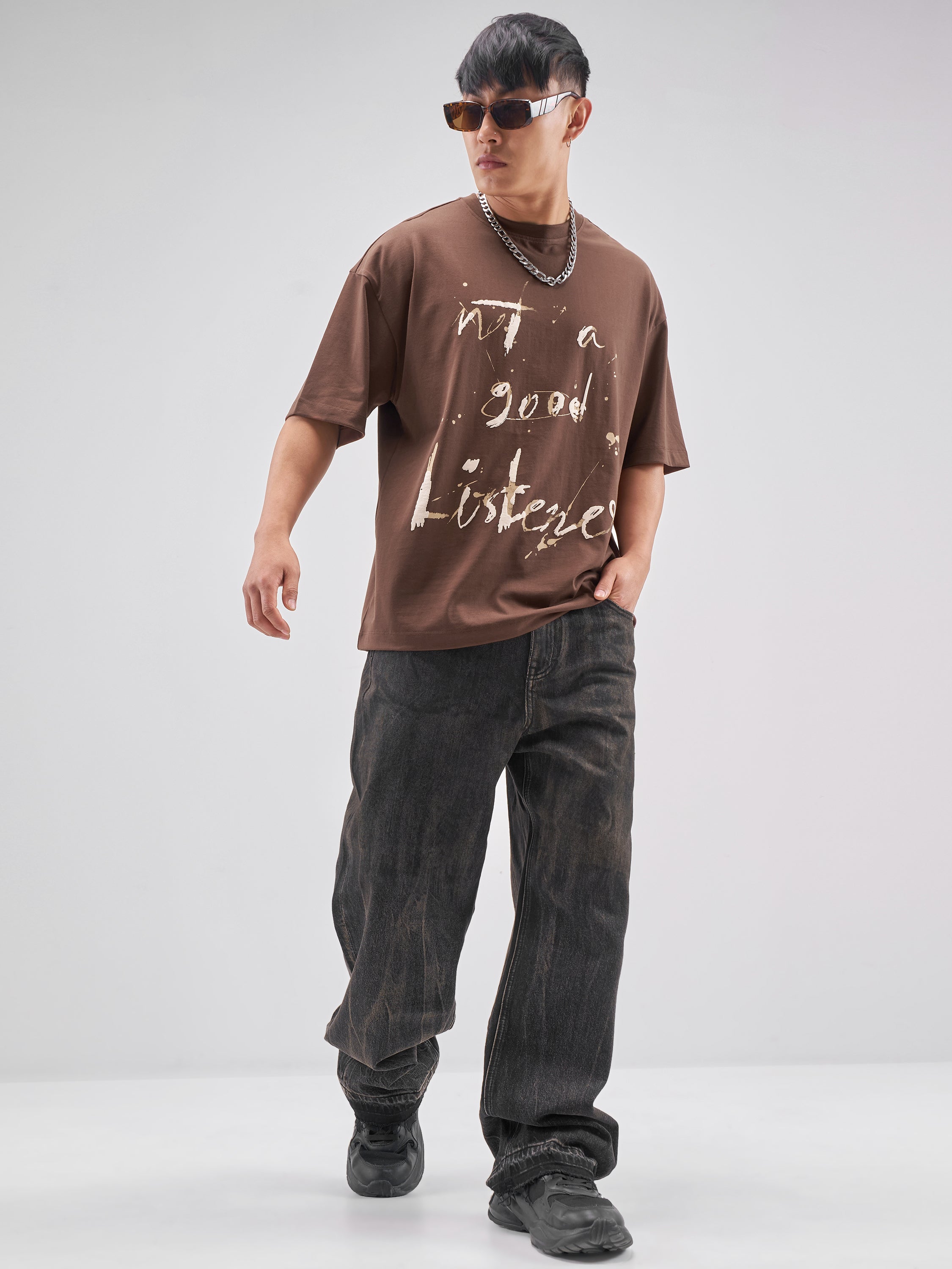 Highlander Men Brown Printed Round Neck Oversized Fit T-Shirt - Brown - Image 2