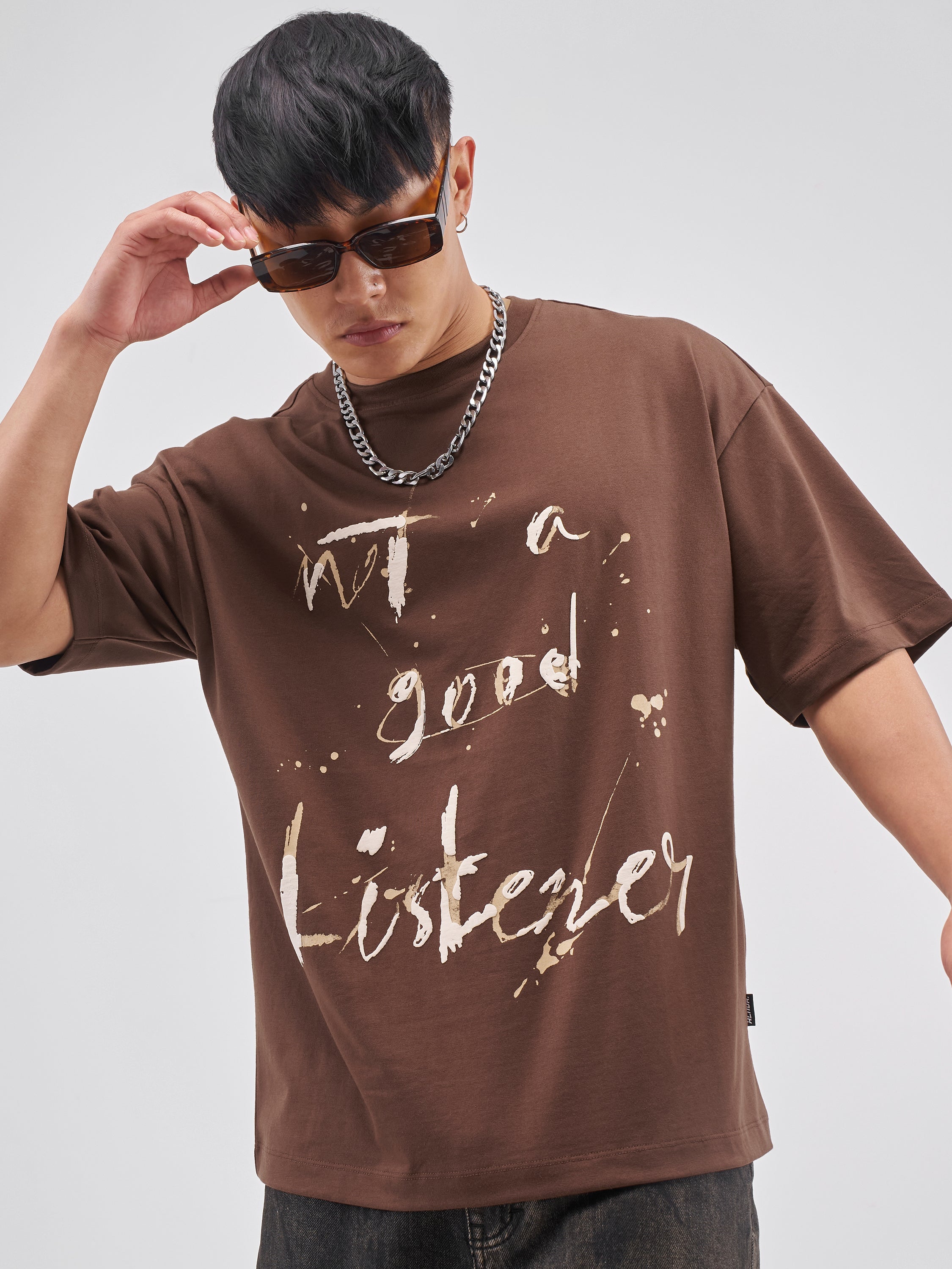 Highlander Men Brown Printed Round Neck Oversized Fit T-Shirt - Brown - Image 4