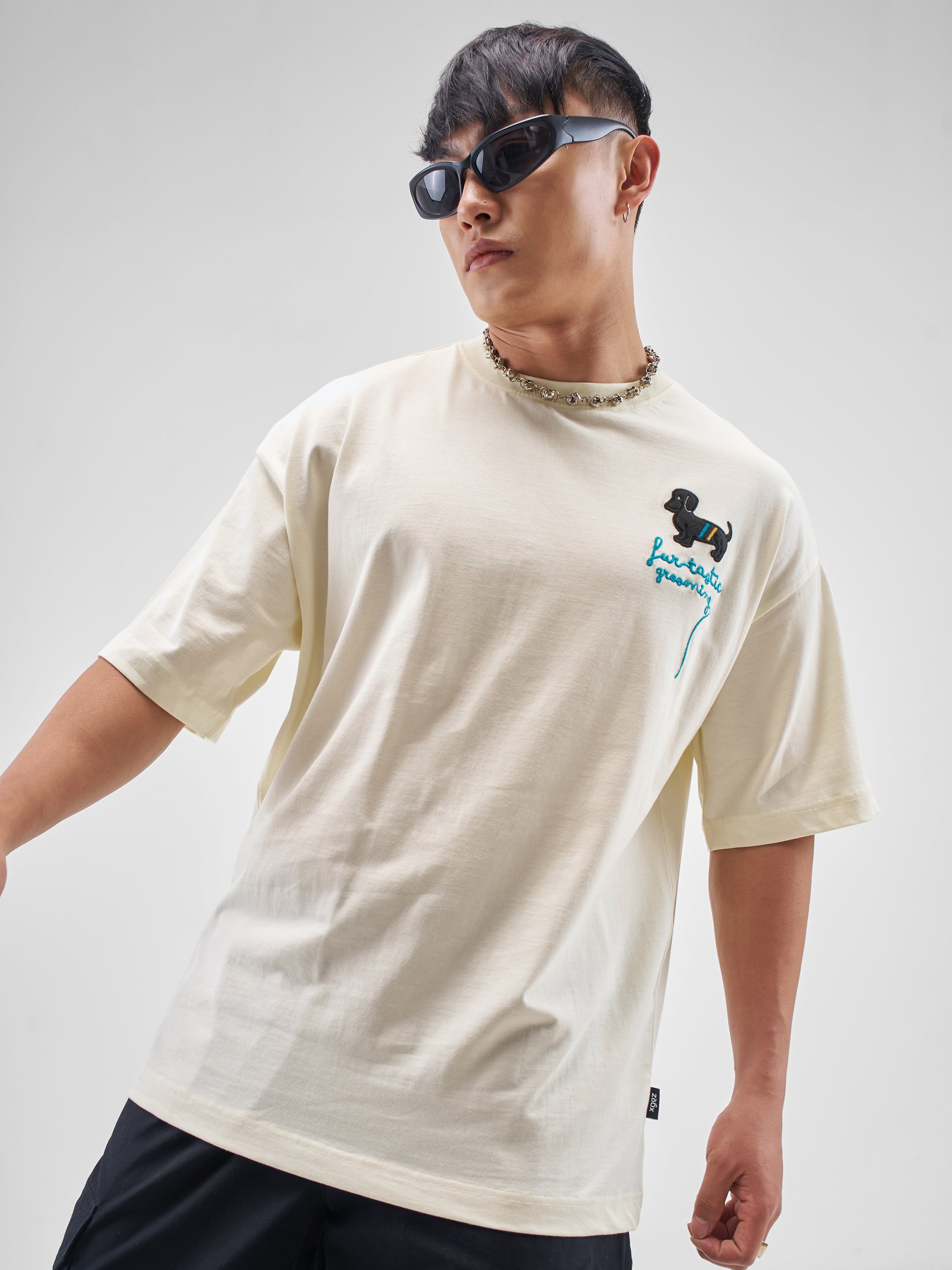 Highlander Men Cream Printed Round Neck Oversized Fit T-Shirt - Cream - Image 3