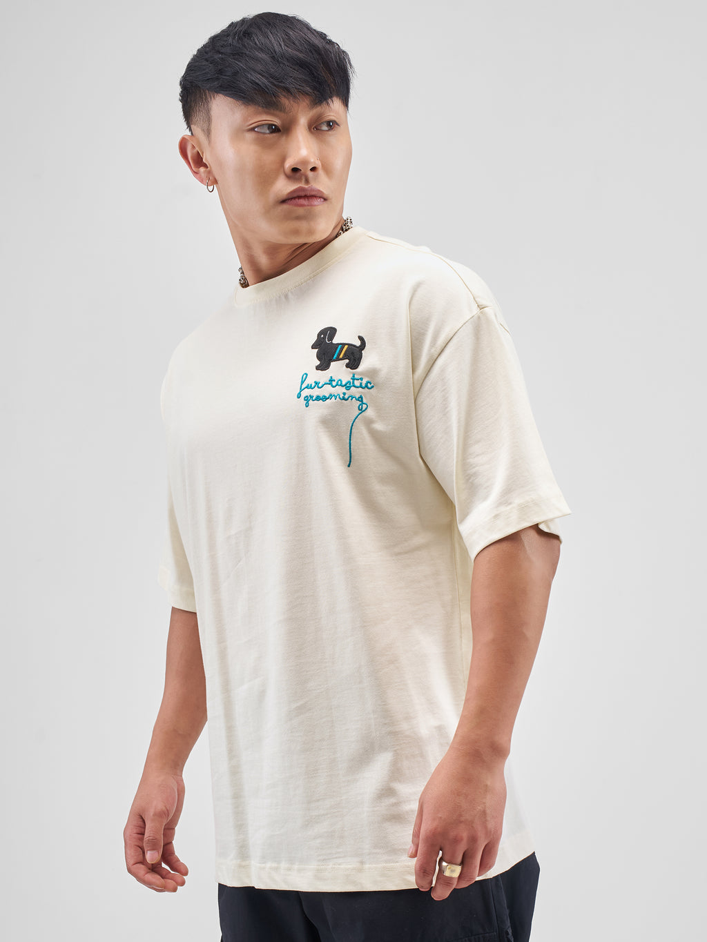 Highlander Men Cream Printed Round Neck Oversized Fit T-Shirt - Cream - Image 4