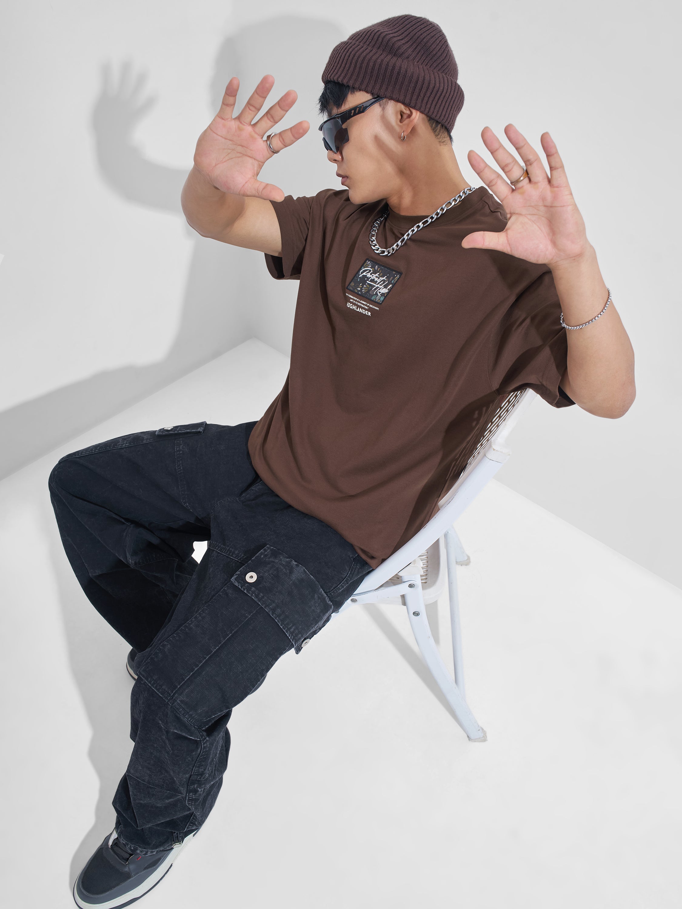 Highlander Men Brown Printed Round Neck Oversized Fit T-Shirt - Brown - Image 2