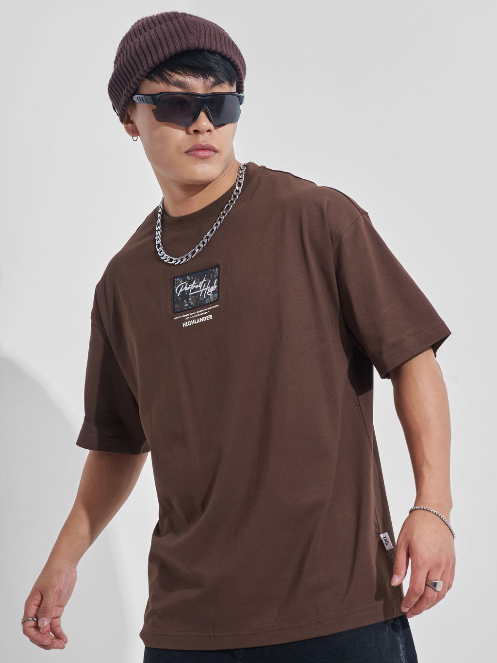 Highlander Men Brown Printed Round Neck Oversized Fit T-Shirt - Brown - Image 3