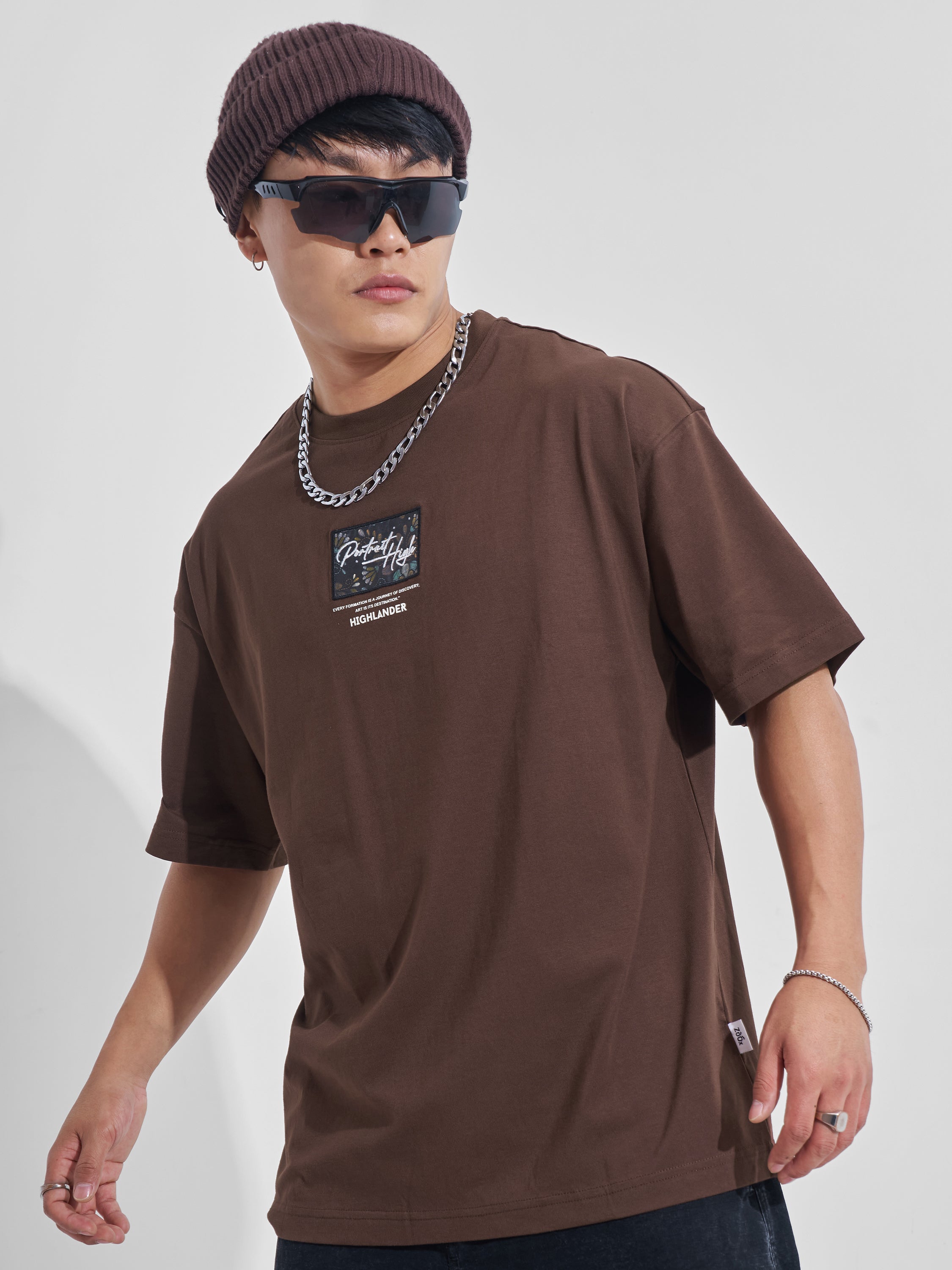Highlander Men Brown Printed Round Neck Oversized Fit T-Shirt - Brown - Image 3