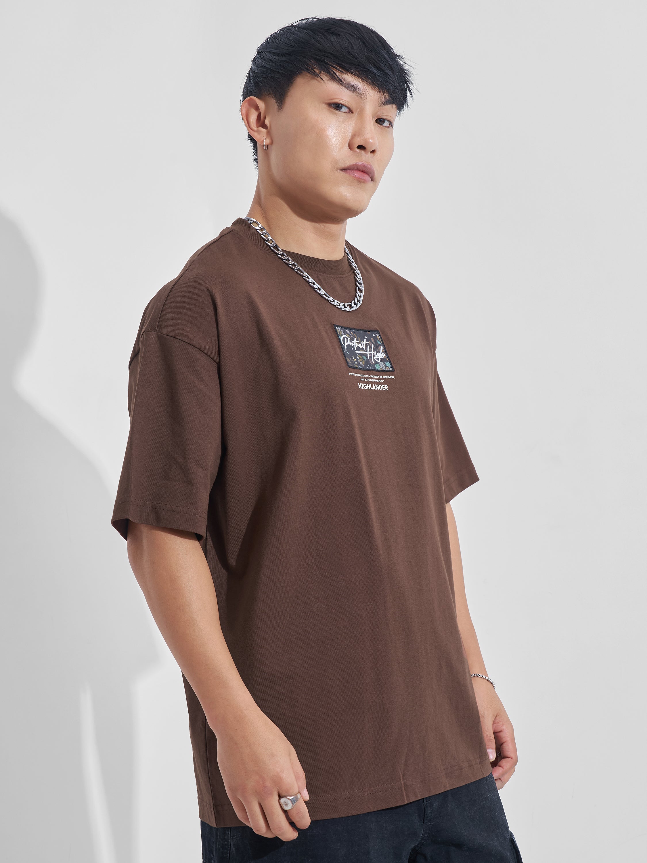 Highlander Men Brown Printed Round Neck Oversized Fit T-Shirt - Brown - Image 6