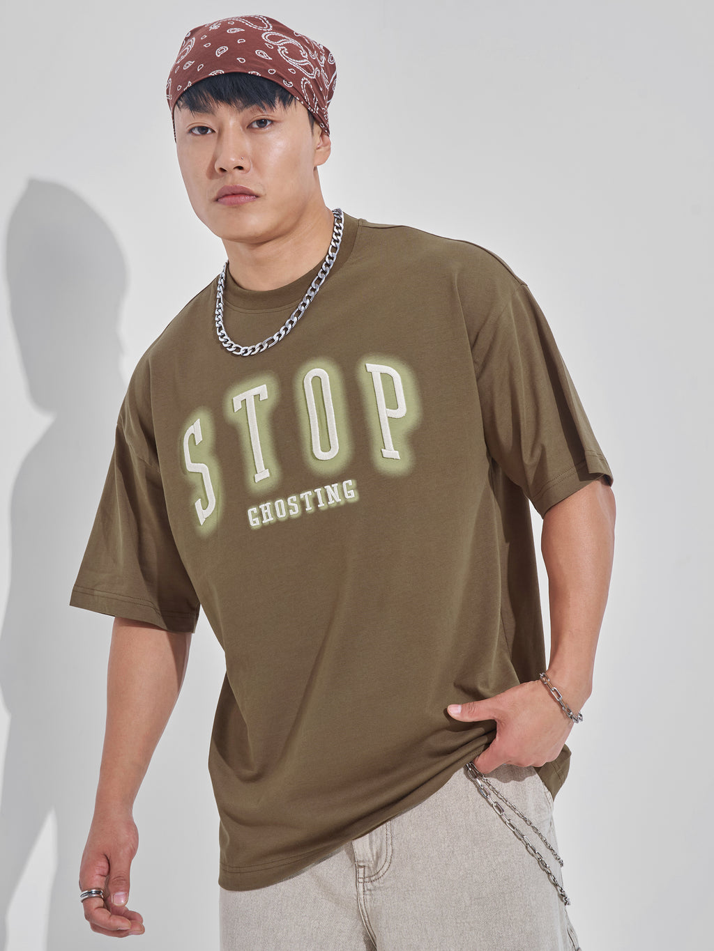 Highlander Men Khaki Printed Round Neck Oversized Fit T-Shirt - Khaki - Image 1