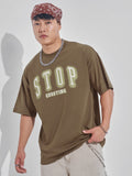Highlander Men Khaki Printed Round Neck Oversized Fit T-Shirt - Khaki - Image 1