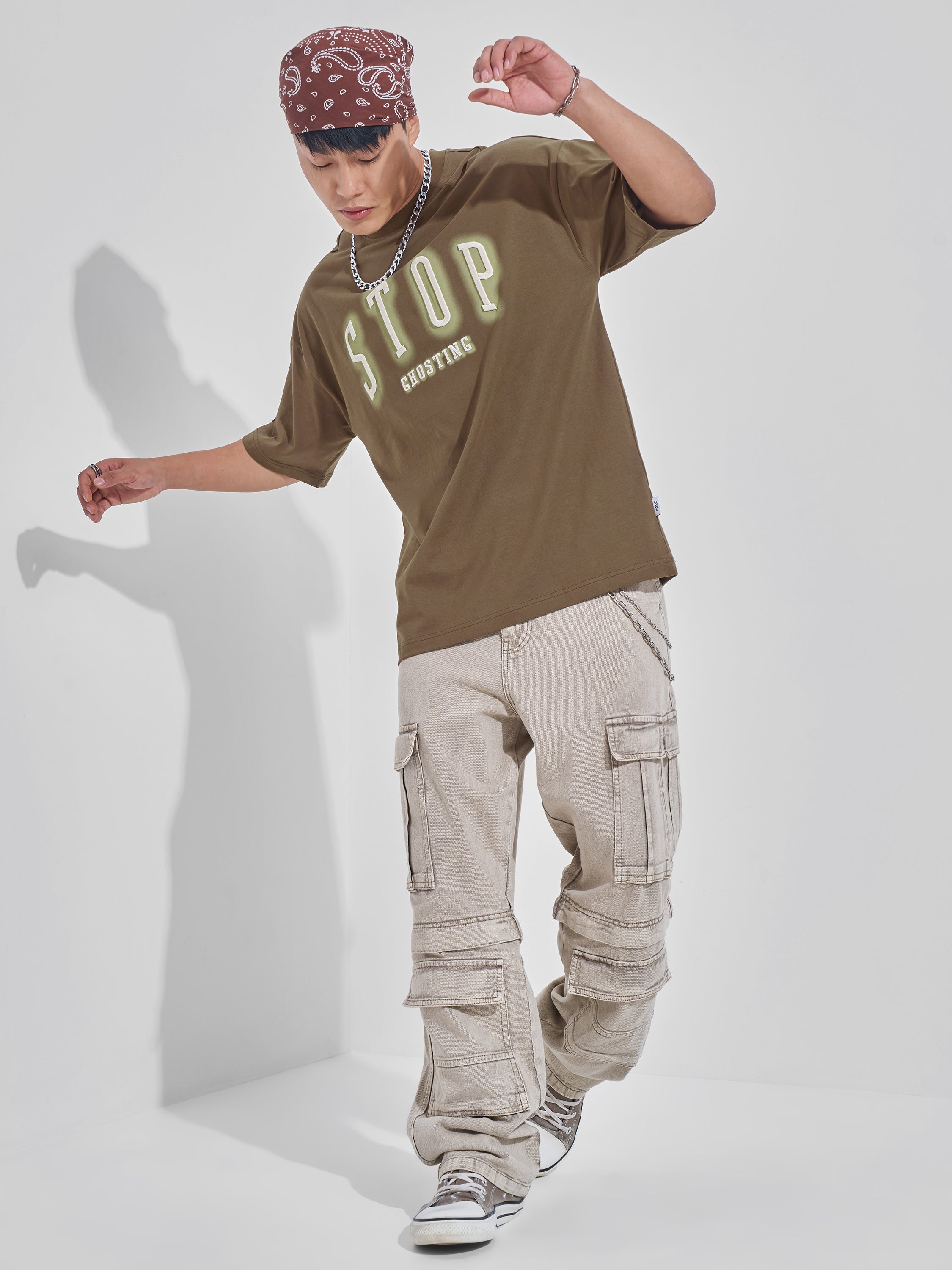Highlander Men Khaki Printed Round Neck Oversized Fit T-Shirt - Khaki - Image 2