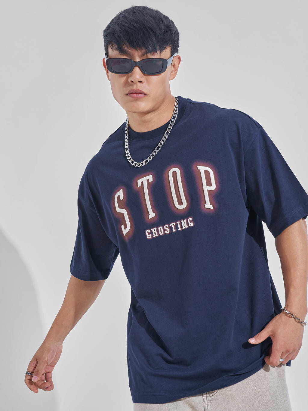 Highlander Men Navy Blue Printed Round Neck Oversized Fit T-Shirt - Navy Blue - Image 1
