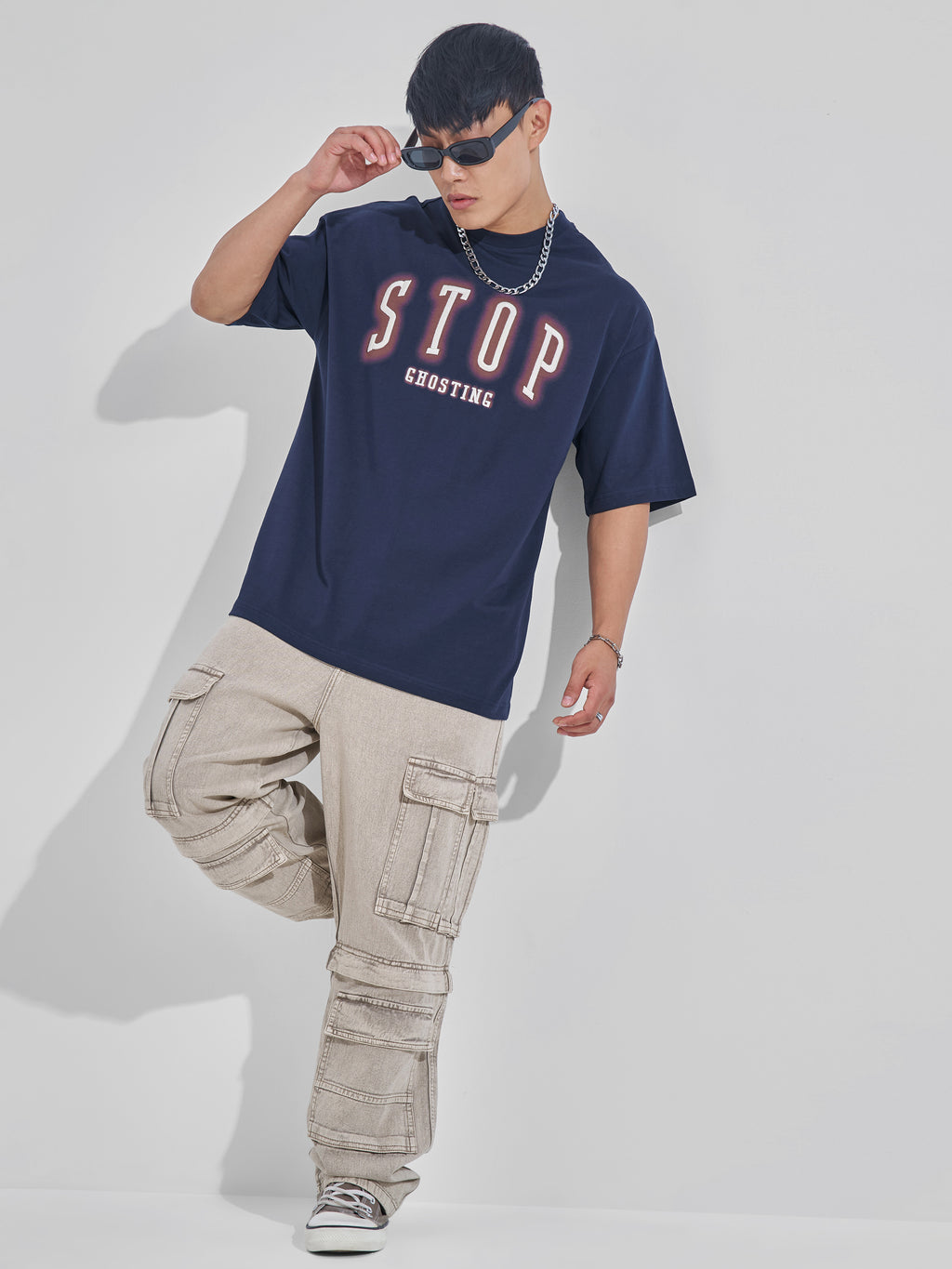 Highlander Men Navy Blue Printed Round Neck Oversized Fit T-Shirt - Navy Blue - Image 2