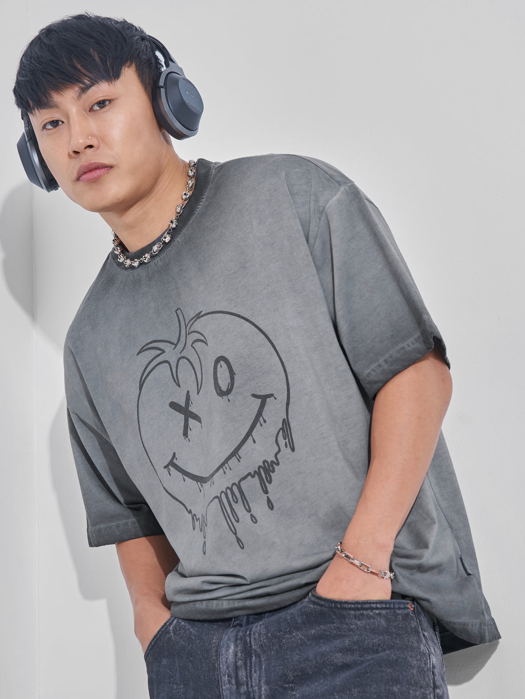 Highlander Men Grey Printed Round Neck Oversized Fit T-Shirt - Grey - Image 1
