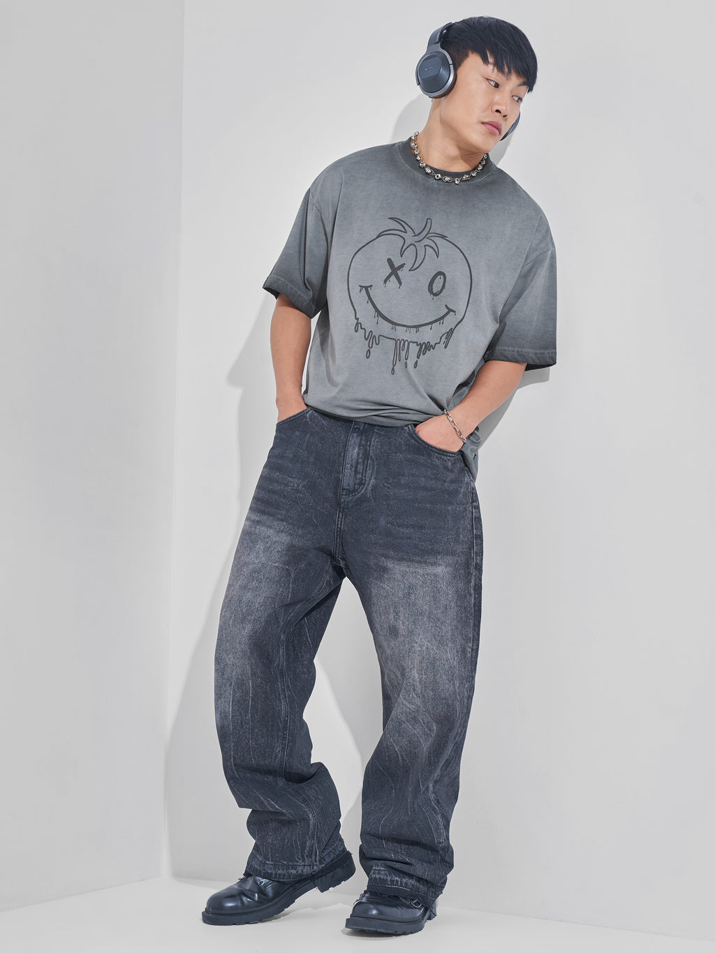 Highlander Men Grey Printed Round Neck Oversized Fit T-Shirt - Grey - Image 2