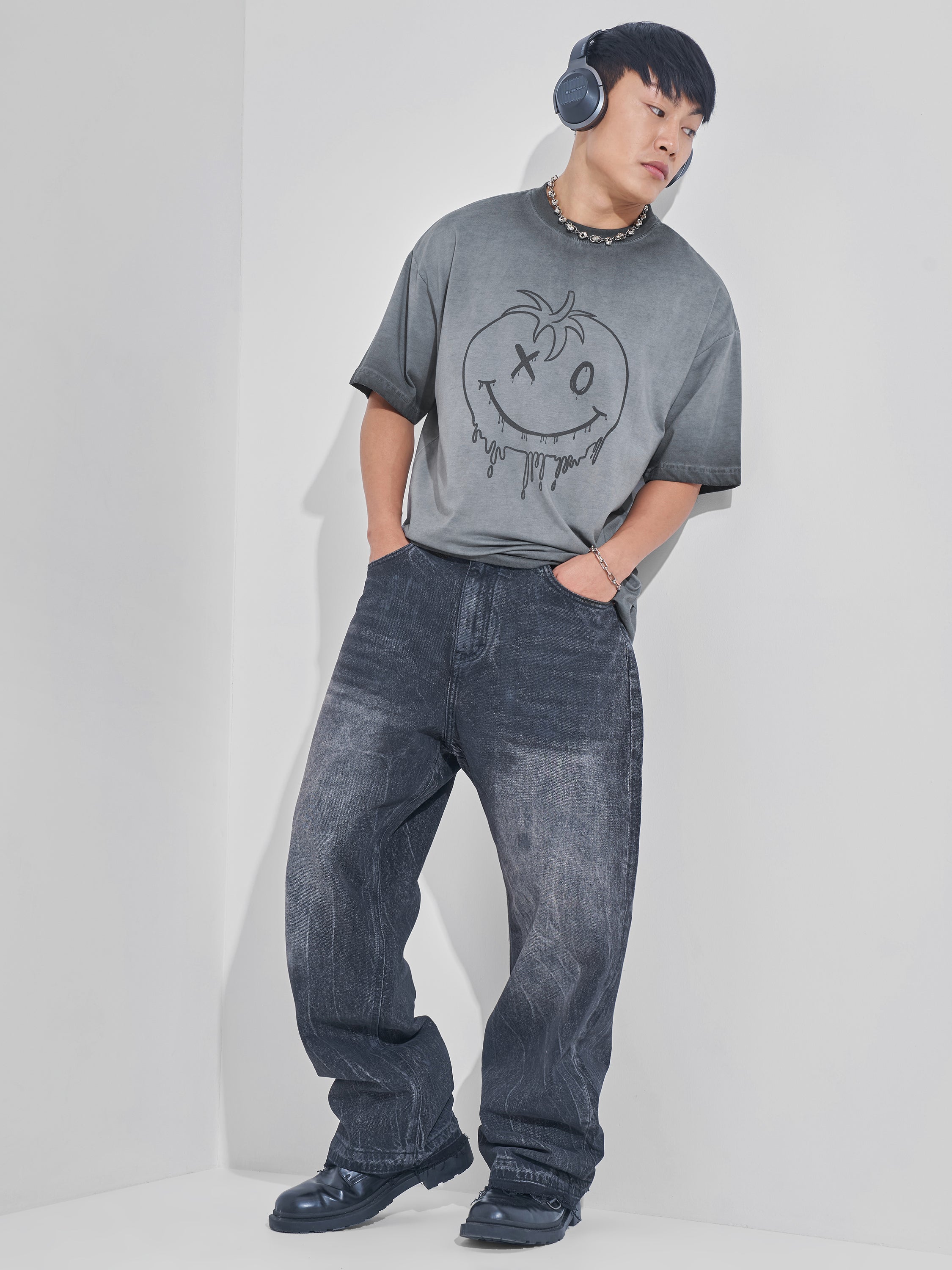 Highlander Men Grey Printed Round Neck Oversized Fit T-Shirt - Grey - Image 2