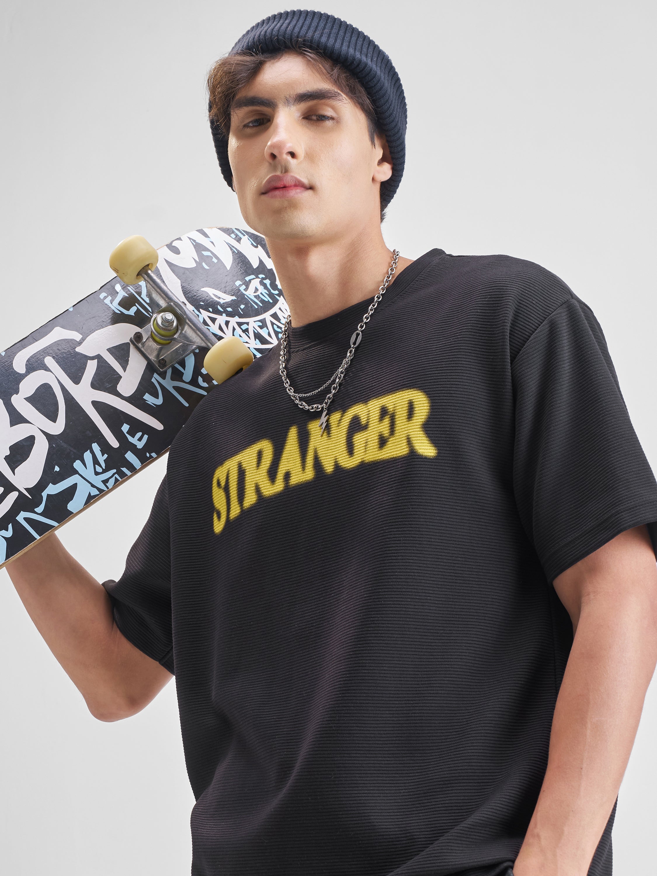 Highlander Men Black Printed Round Neck Oversized Fit T-Shirt - Black - Image 1