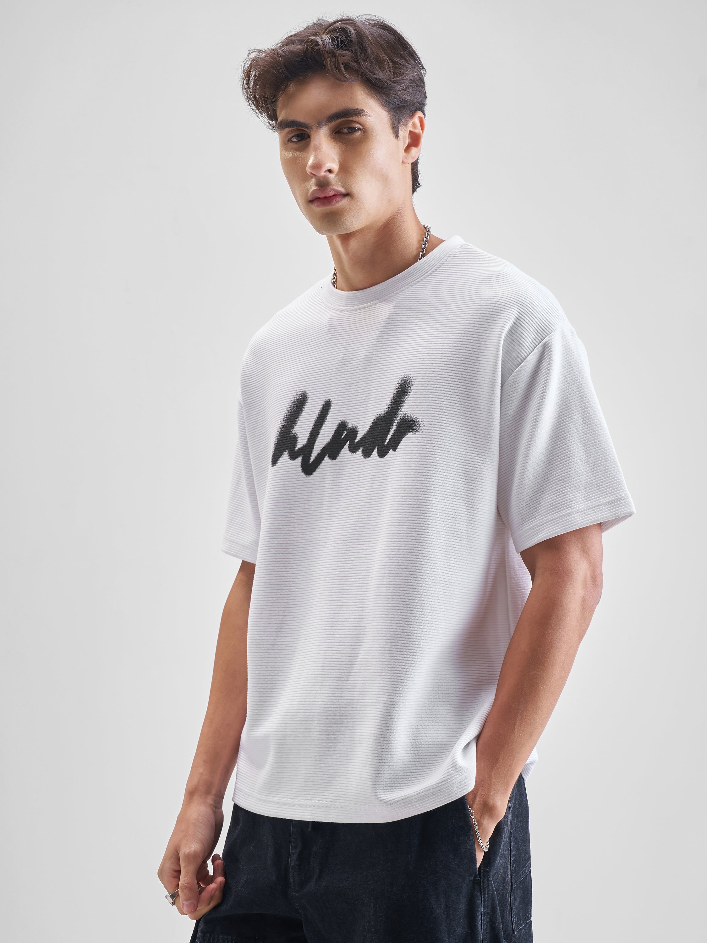 Highlander Men White Printed Round Neck Oversized Fit T-Shirt - White - Image 4
