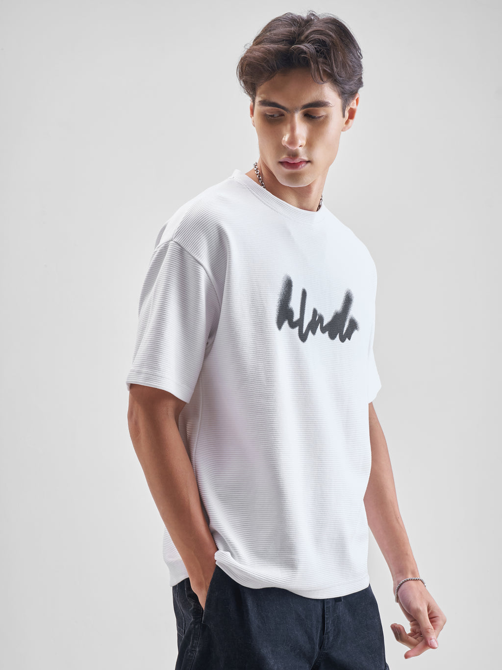 Highlander Men White Printed Round Neck Oversized Fit T-Shirt - White - Image 6