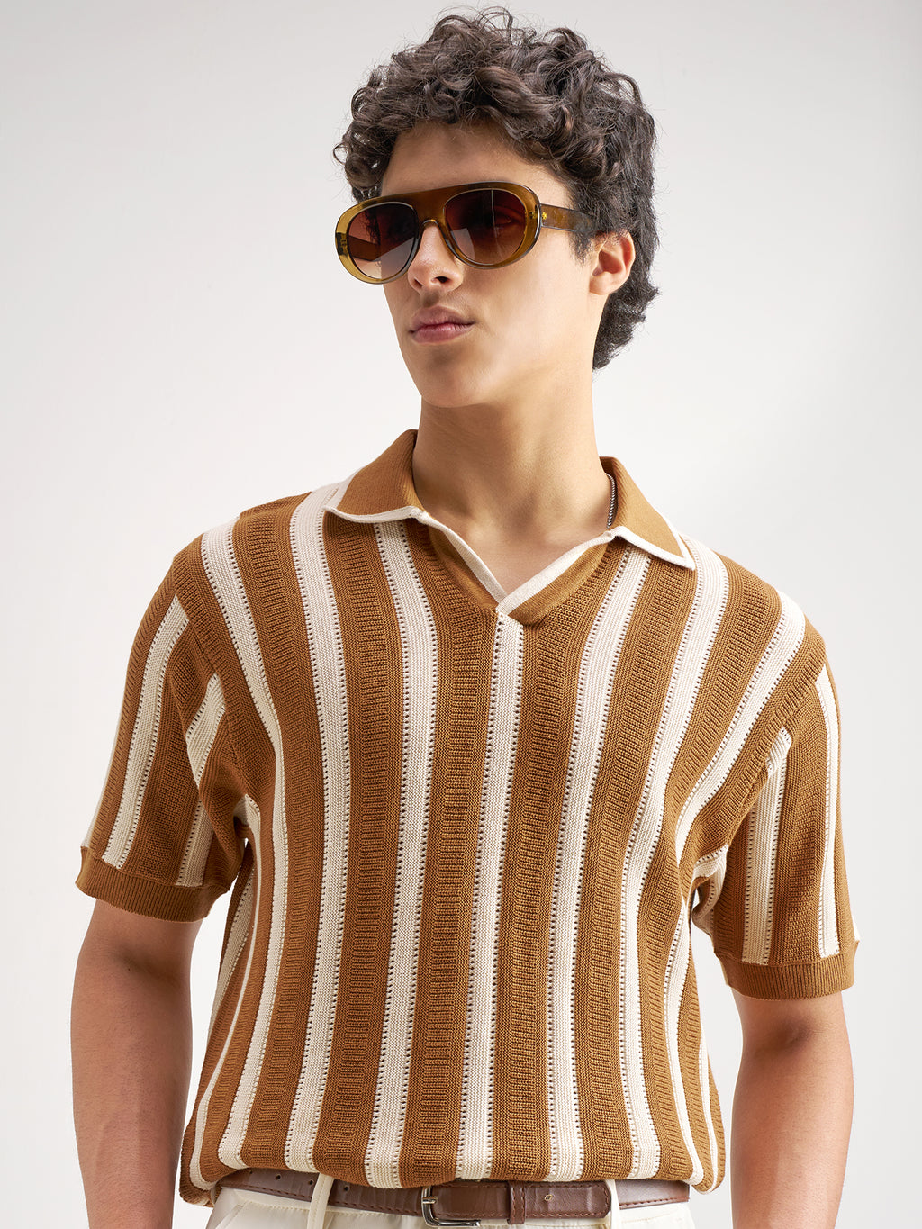 Highlander Men Mustard Self Design Polo Collar T-Shirt - Mustard - Image 1