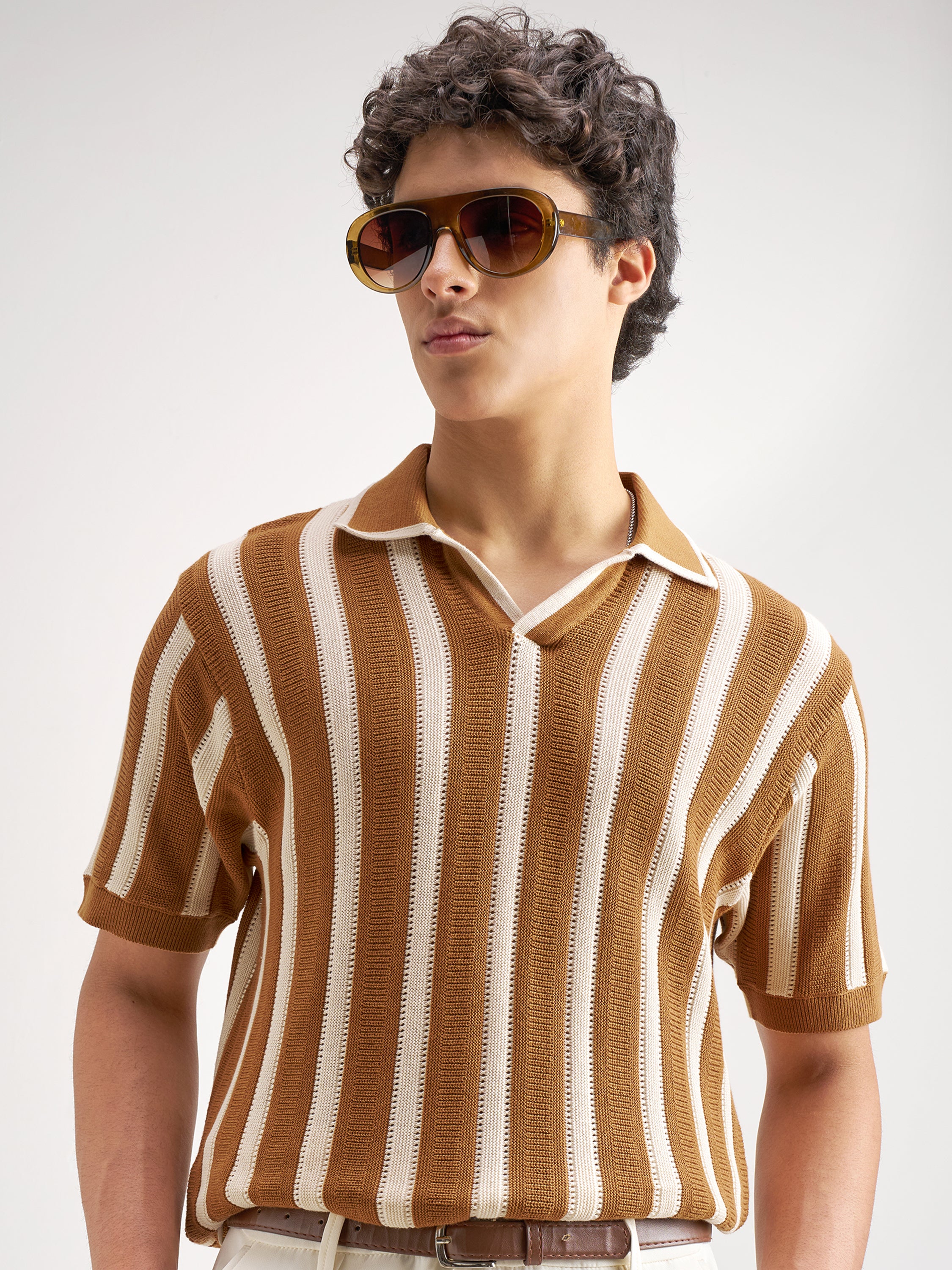 Highlander Men Mustard Self Design Polo Collar T-Shirt - Mustard - Image 1