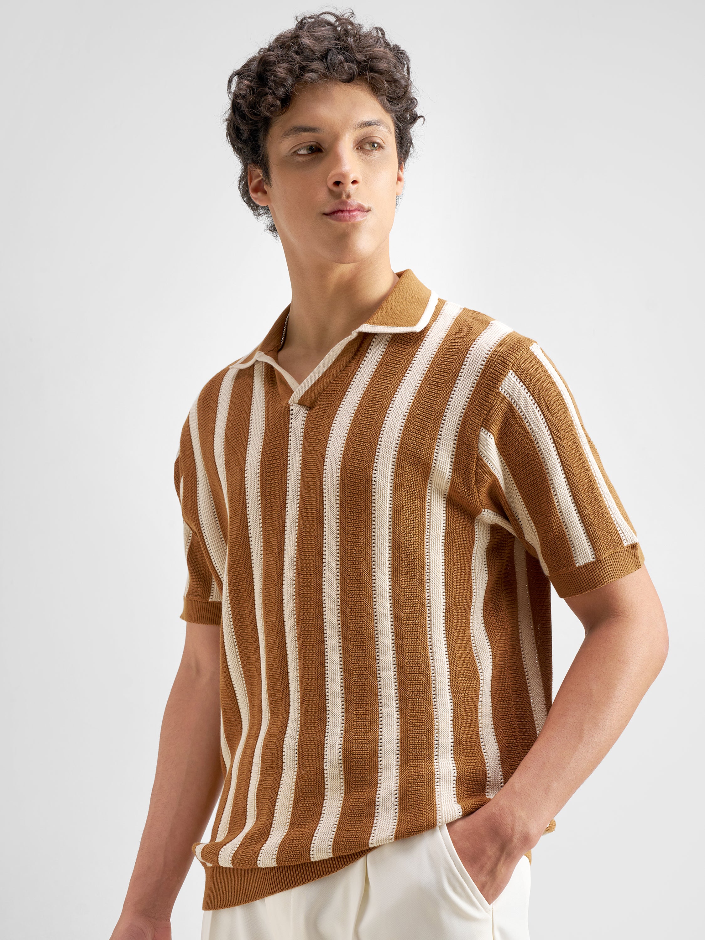 Highlander Men Mustard Self Design Polo Collar T-Shirt - Mustard - Image 4