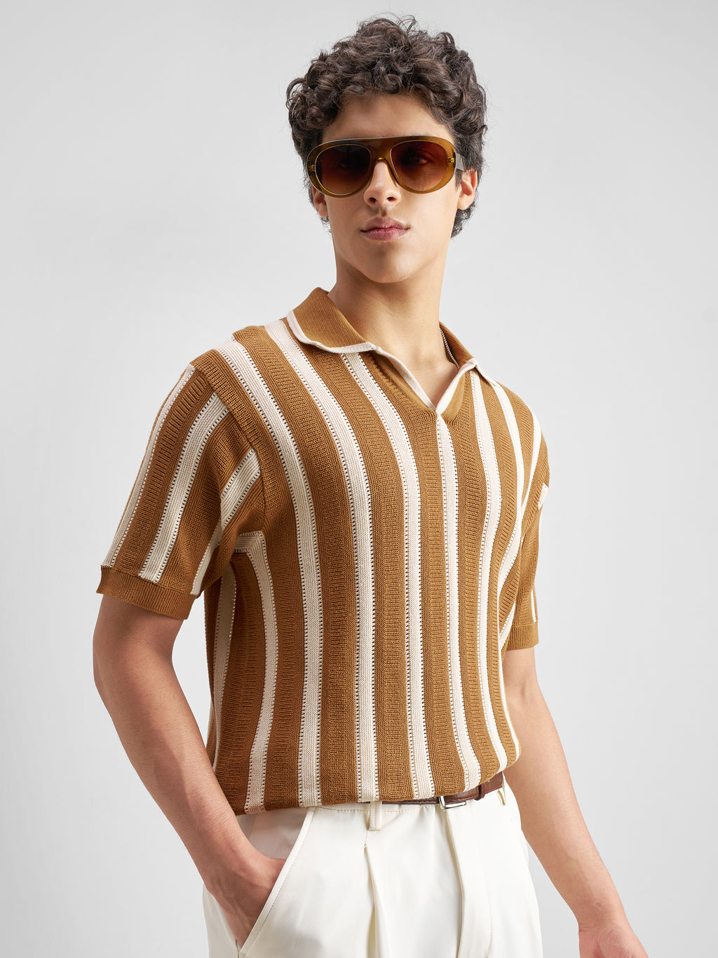 Highlander Men Mustard Self Design Polo Collar T-Shirt - Mustard - Image 6