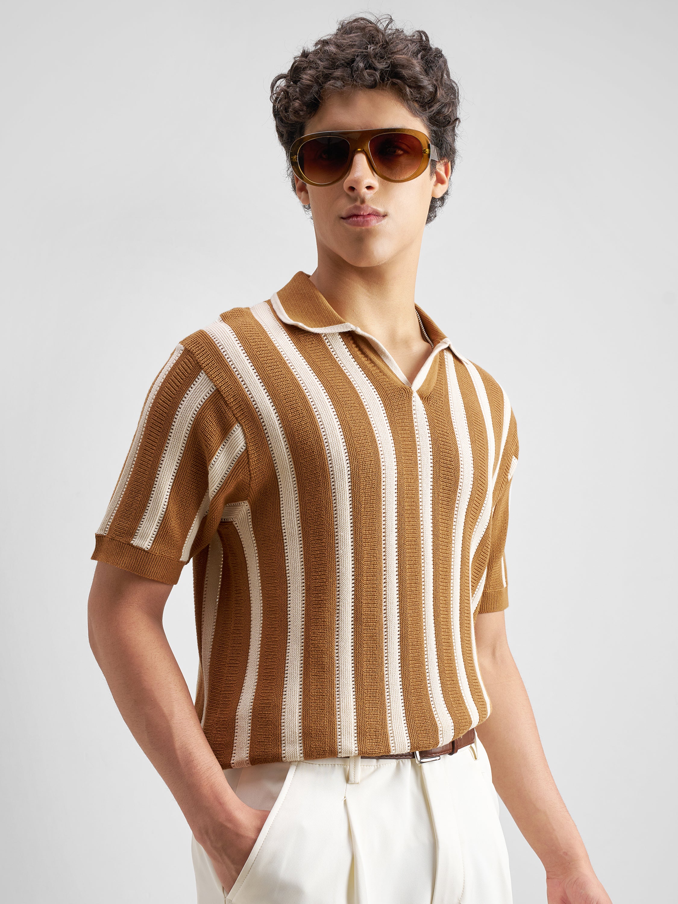 Highlander Men Mustard Self Design Polo Collar T-Shirt - Mustard - Image 6