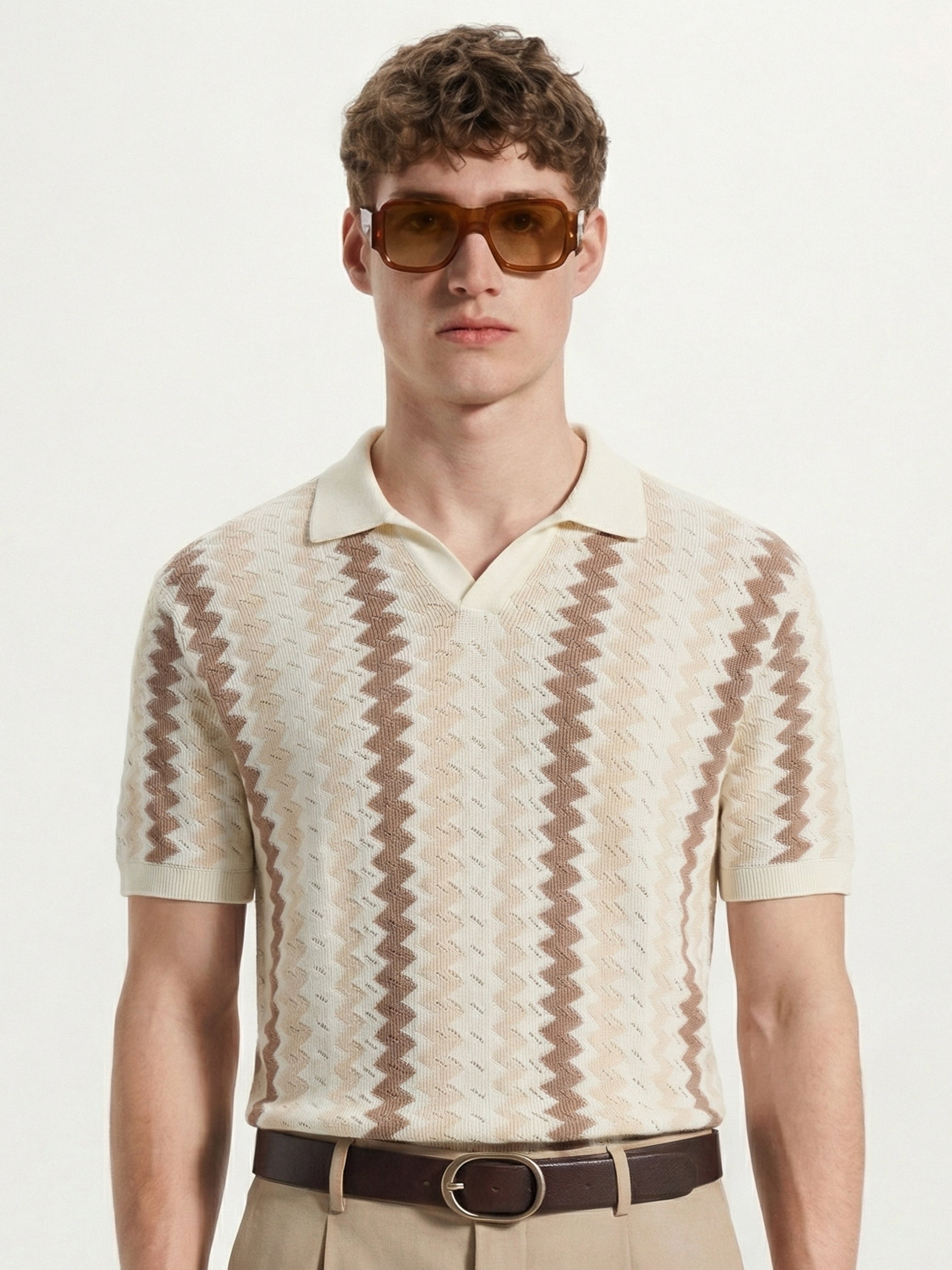 Highlander Men Beige Self Design Polo Collar T-Shirt - Beige - Image 6