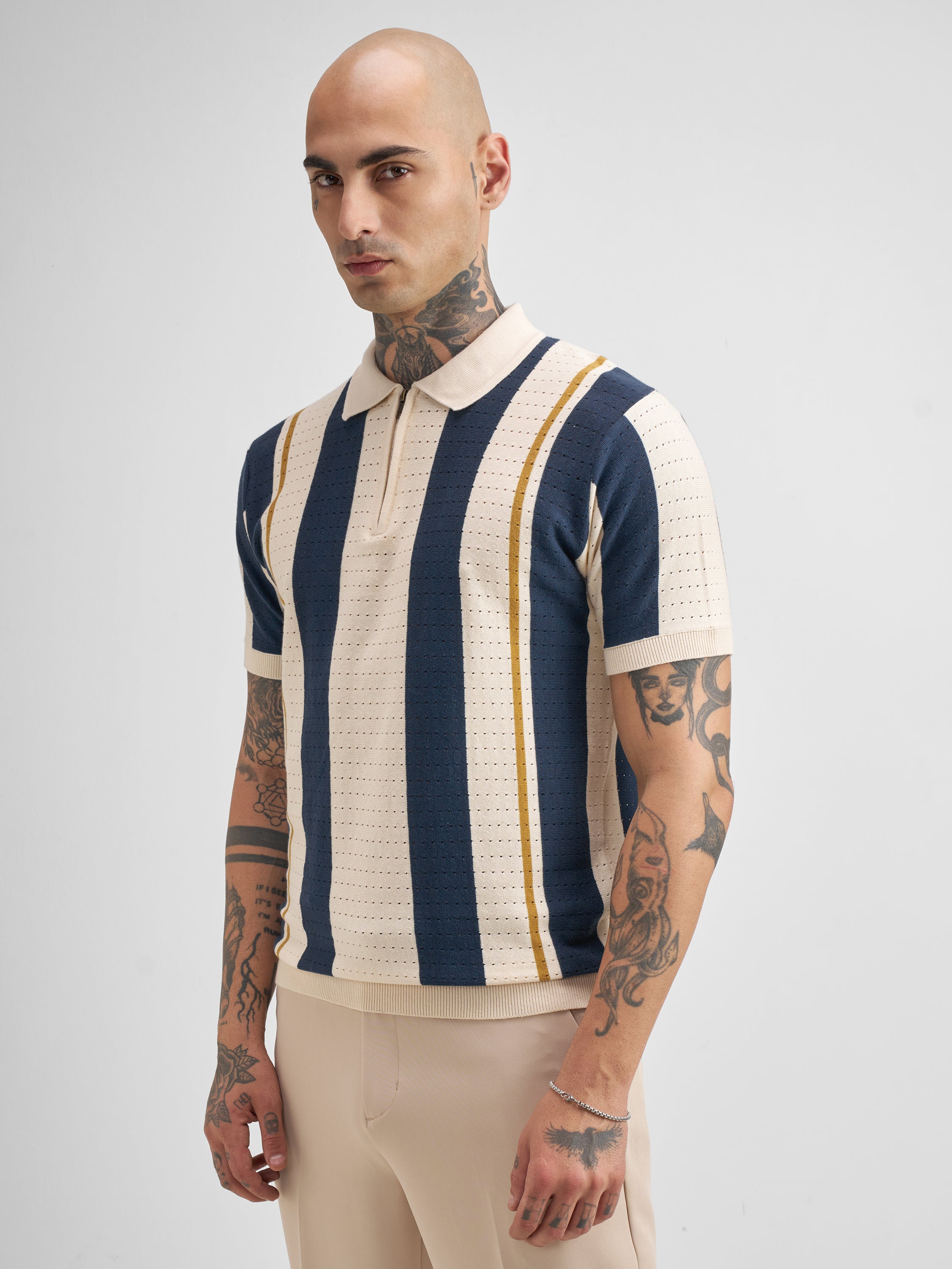 Highlander Men Cream Self Design Polo Collar T-Shirt - Cream - Image 4