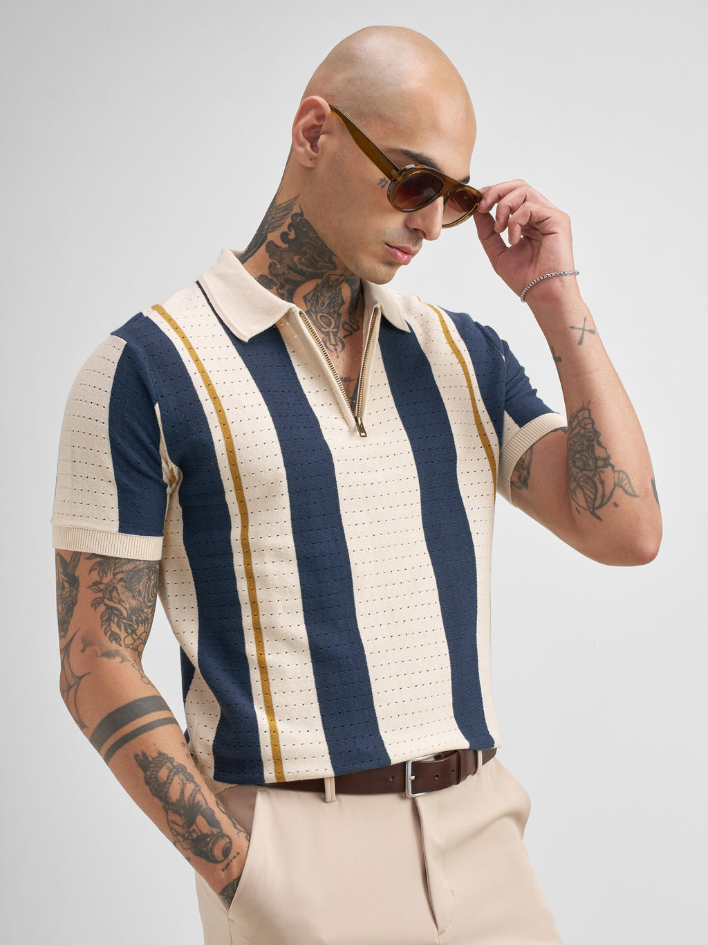 Highlander Men Cream Self Design Polo Collar T-Shirt - Cream - Image 6
