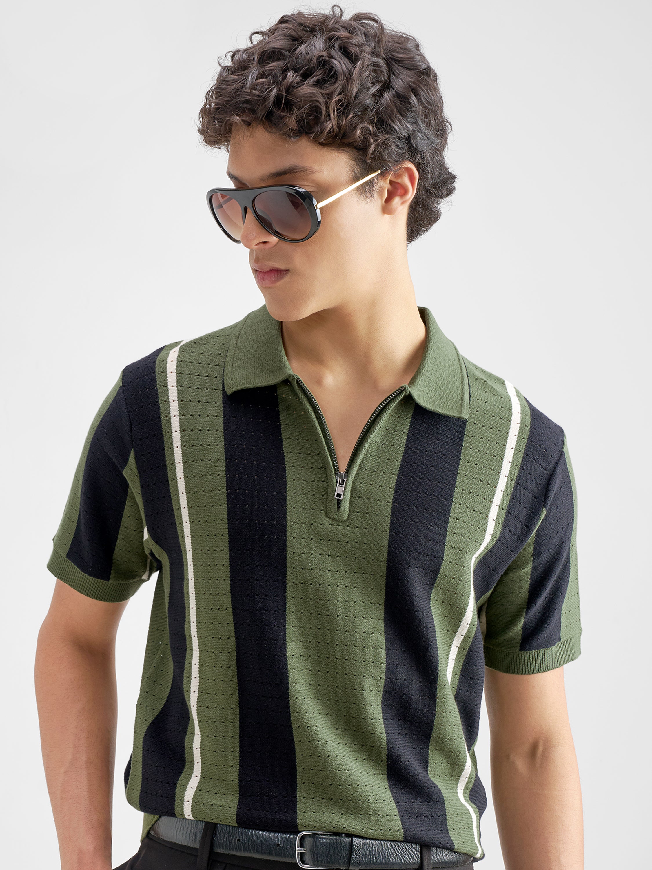 Highlander Men Olive Self Design Polo Collar T-Shirt - Olive - Image 1