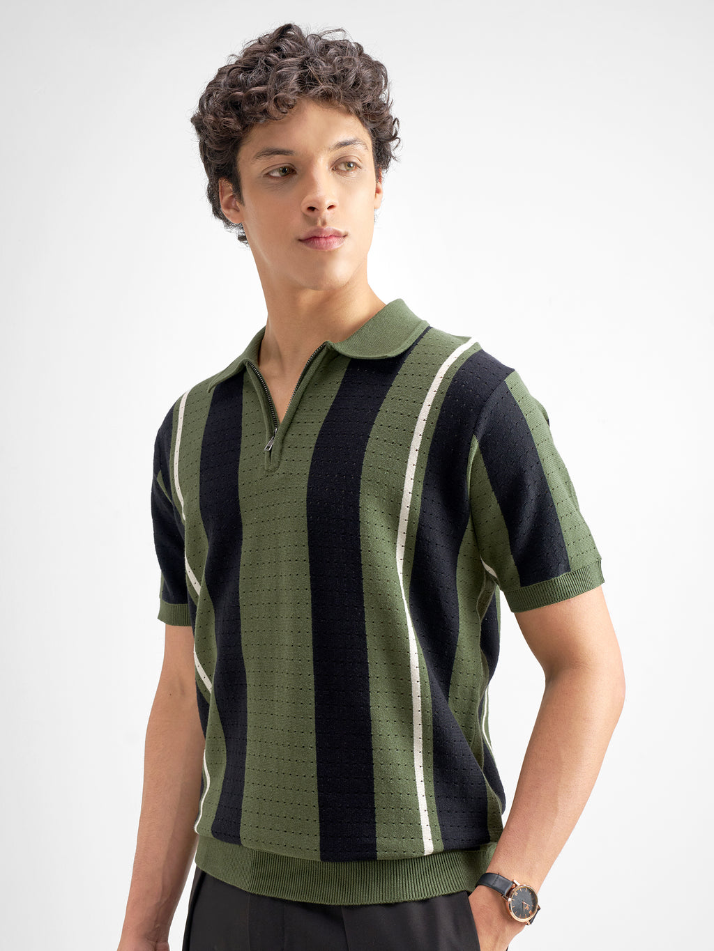 Highlander Men Olive Self Design Polo Collar T-Shirt - Olive - Image 4