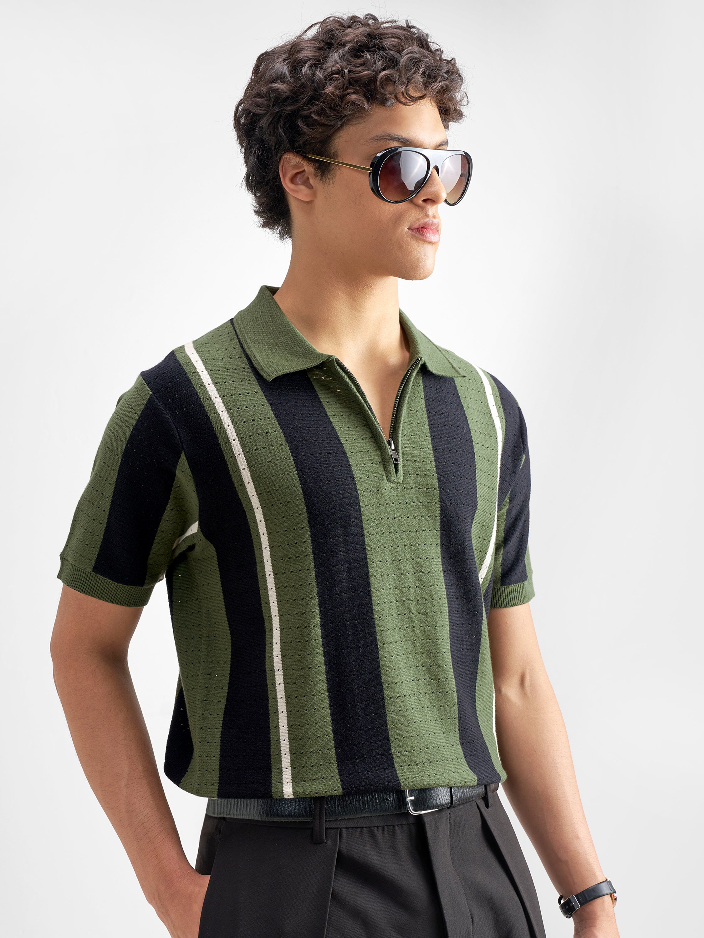 Highlander Men Olive Self Design Polo Collar T-Shirt - Olive - Image 6