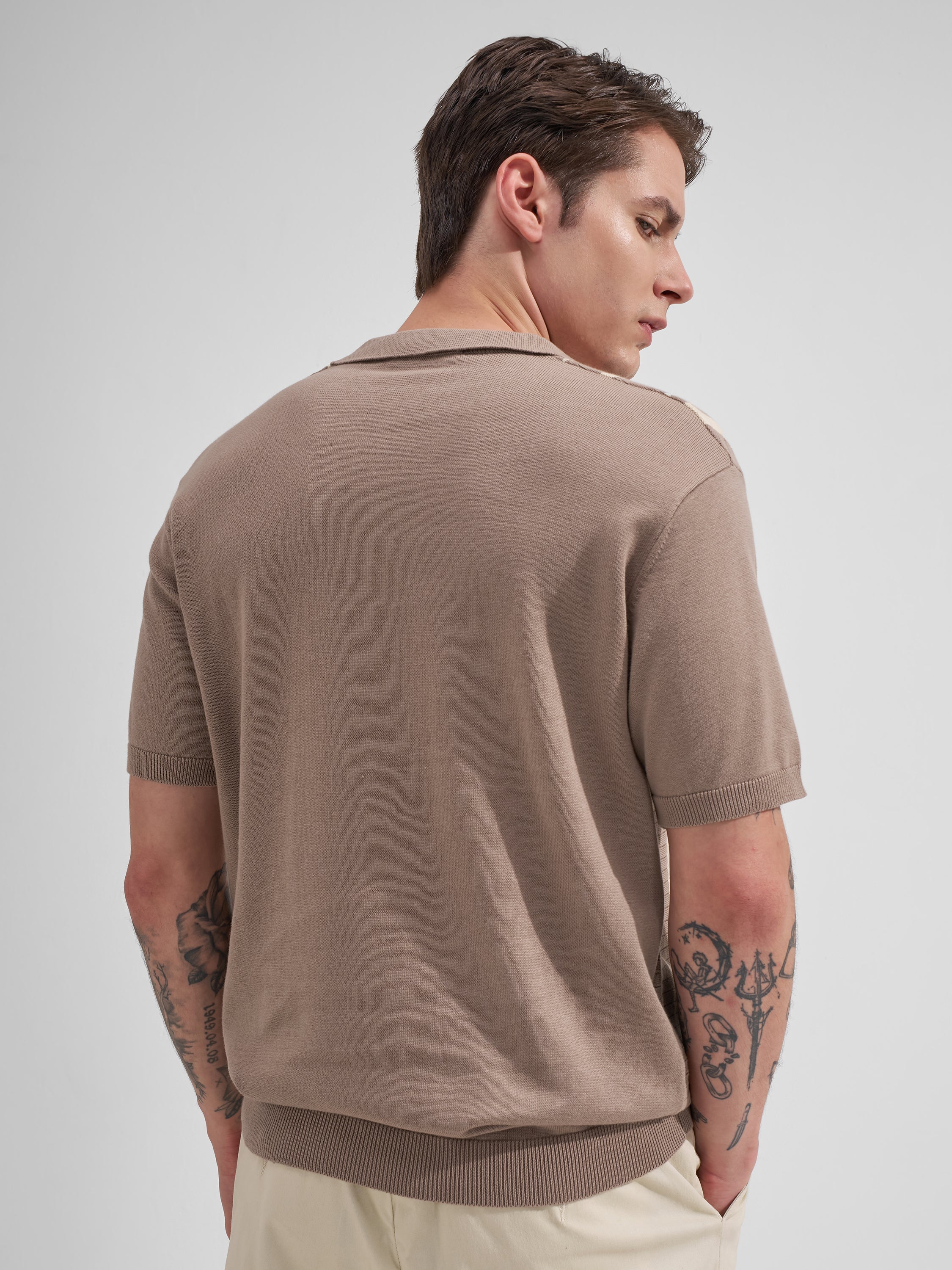 Highlander Men Taupe Striped Polo Collar T-Shirt