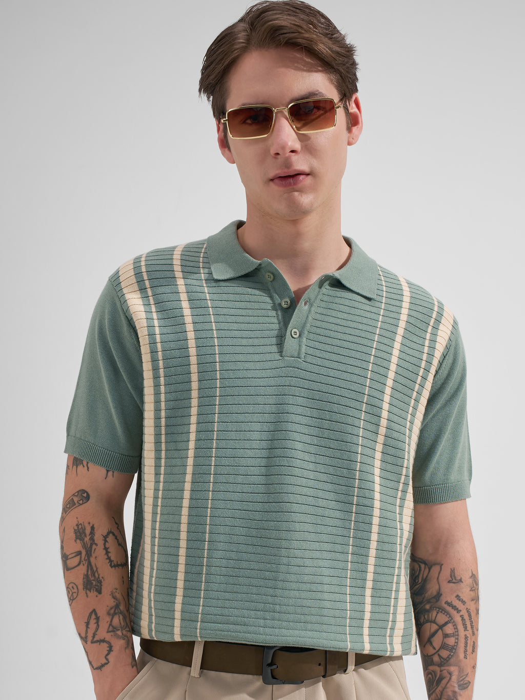 Highlander Men Green Striped Polo Collar T-Shirt