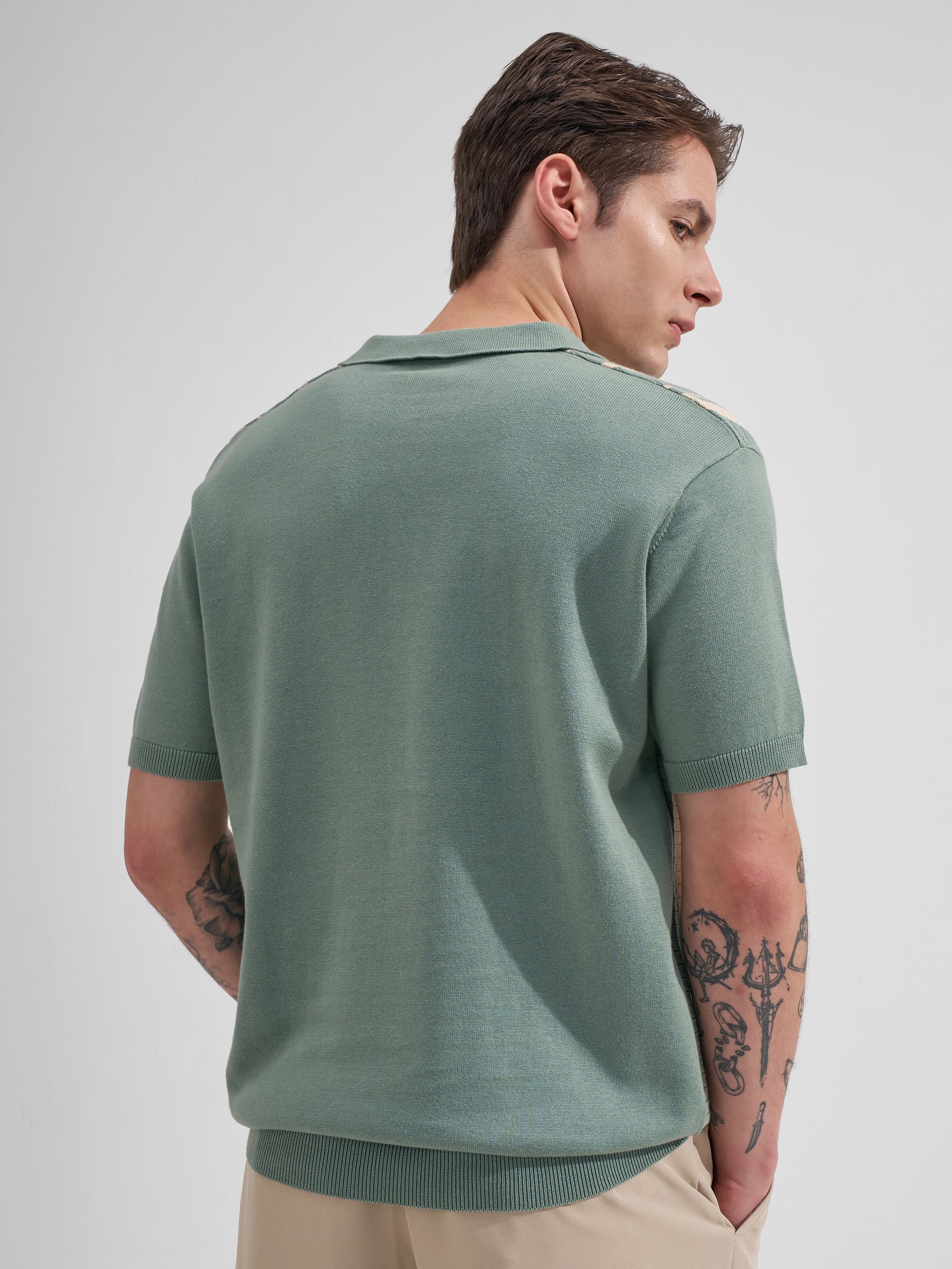 Highlander Men Green Striped Polo Collar T-Shirt