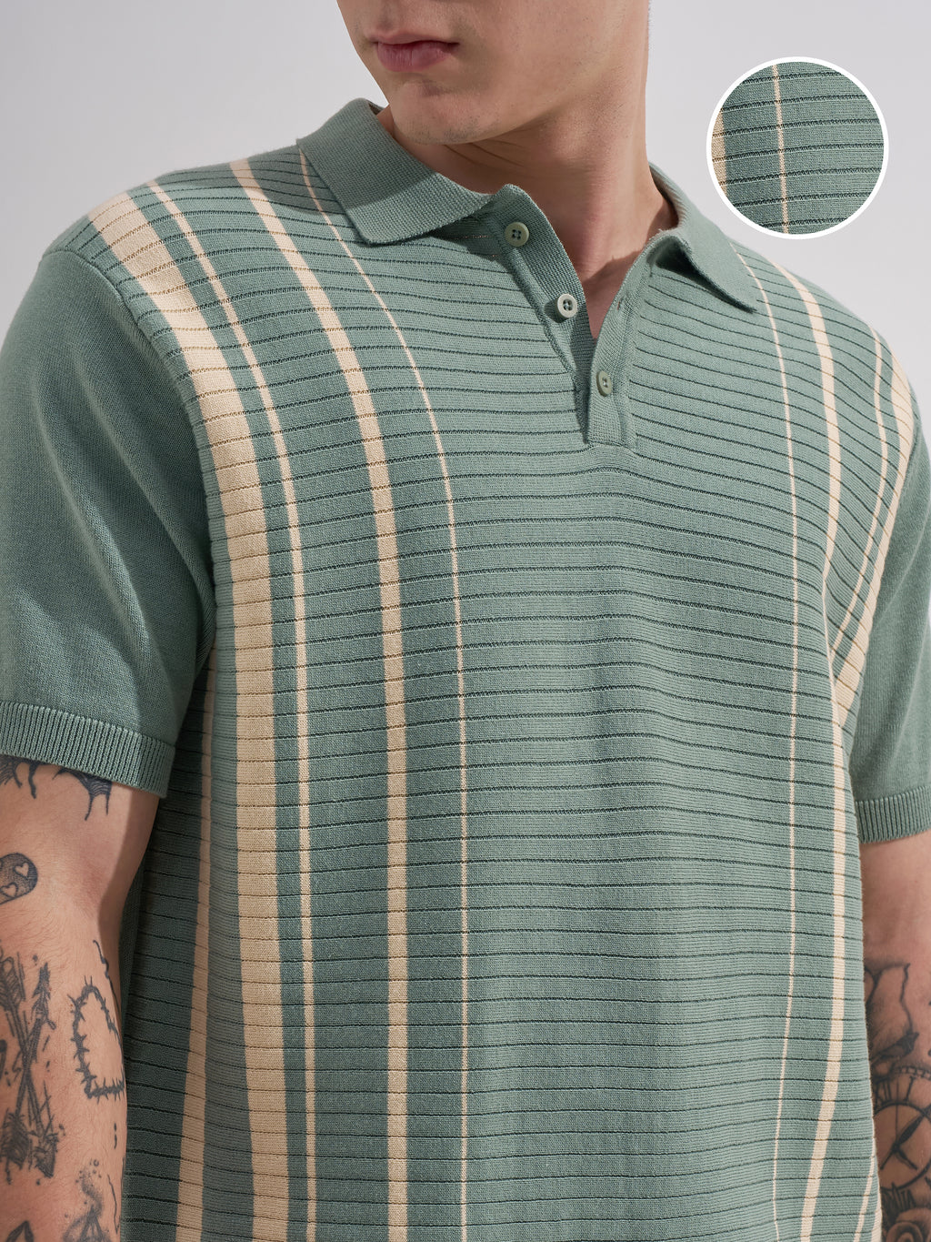 Highlander Men Green Striped Polo Collar T-Shirt