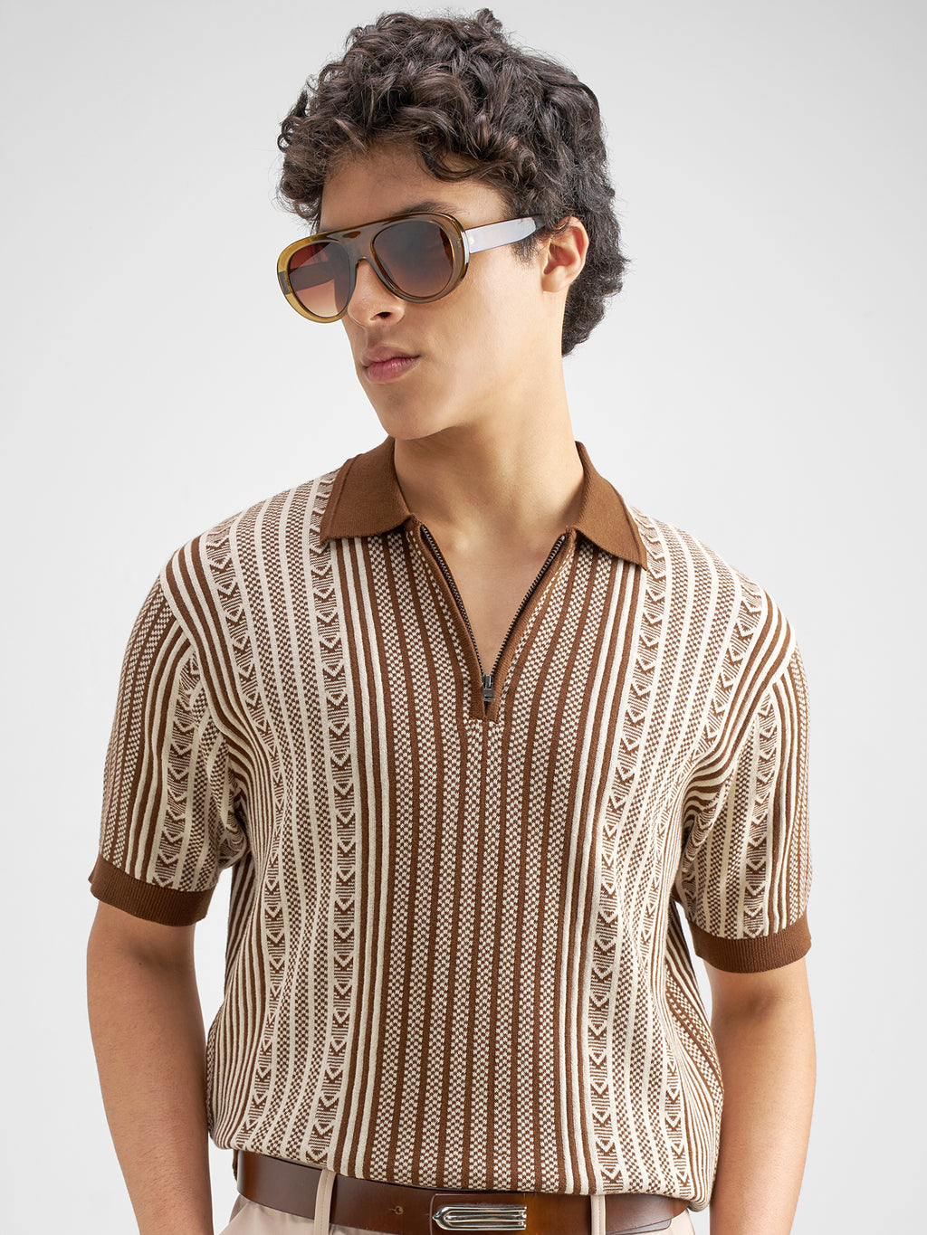 Highlander Men Brown Self Design Polo Collar T-Shirt - Brown - Image 1