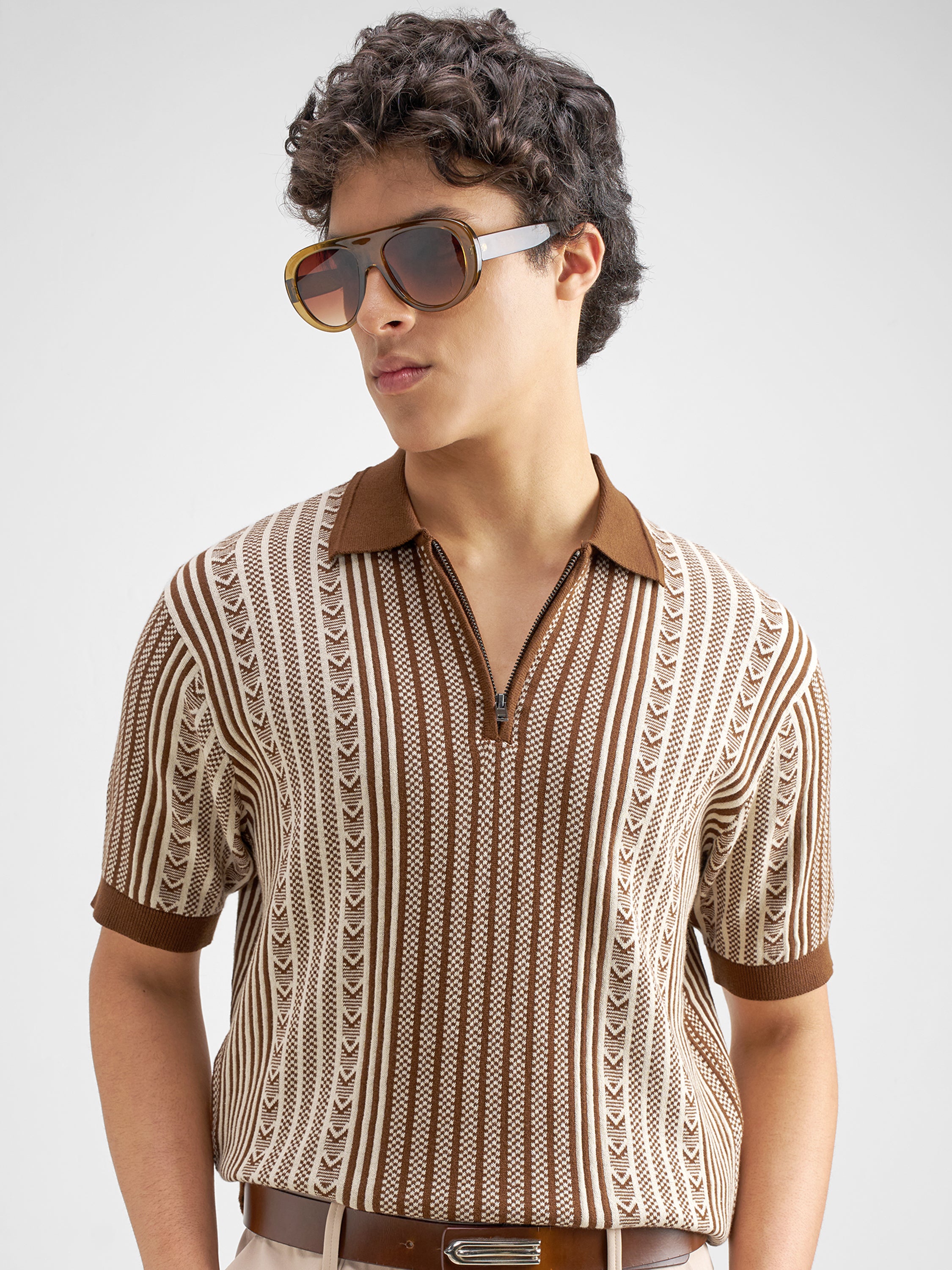 Highlander Men Brown Self Design Polo Collar T-Shirt - Brown - Image 1