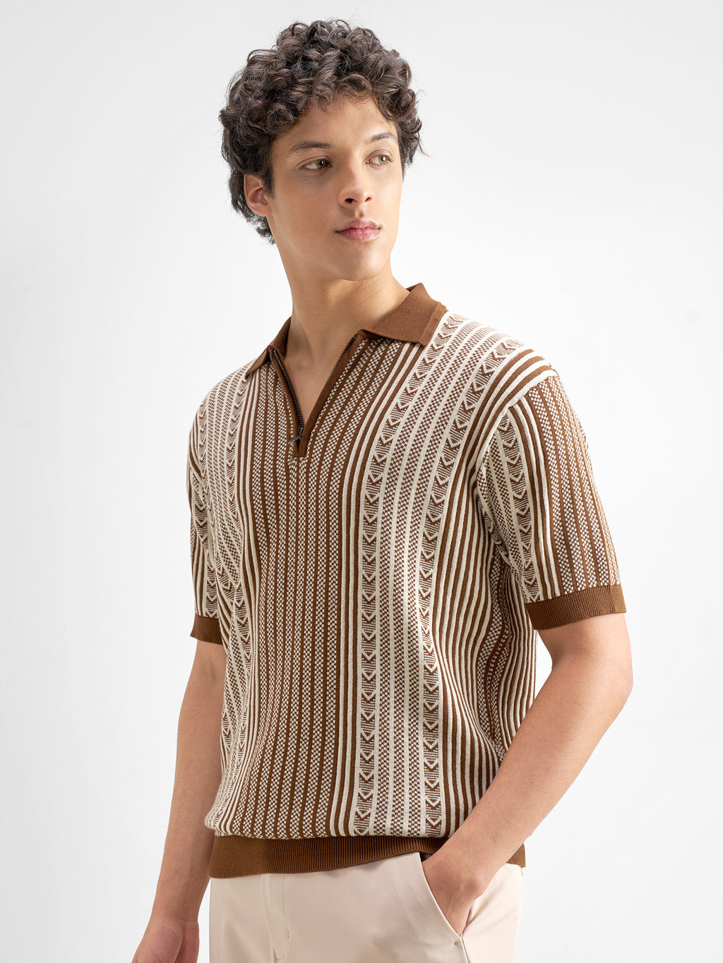 Highlander Men Brown Self Design Polo Collar T-Shirt - Brown - Image 4
