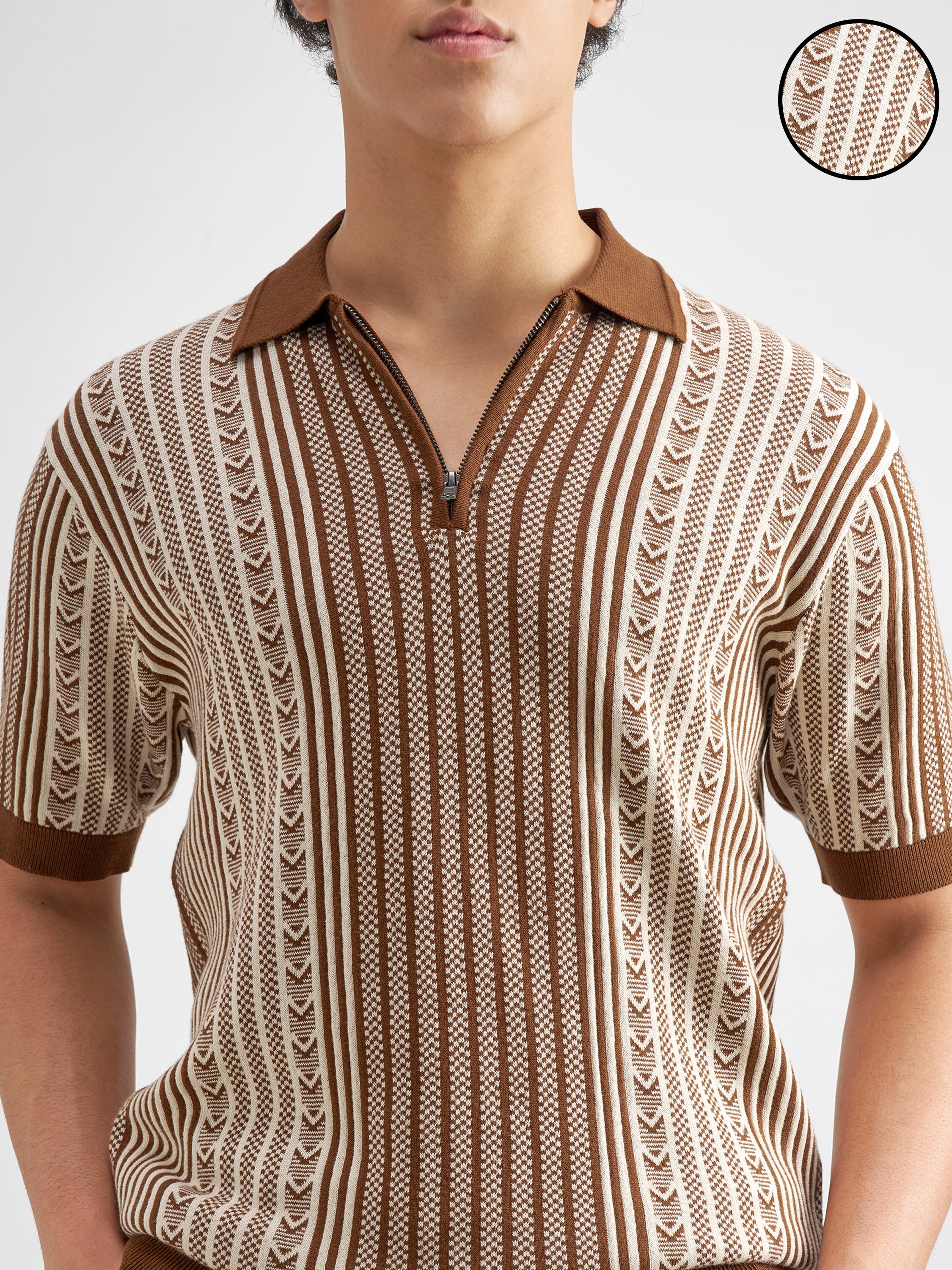 Highlander Men Brown Self Design Polo Collar T-Shirt - Brown - Image 5