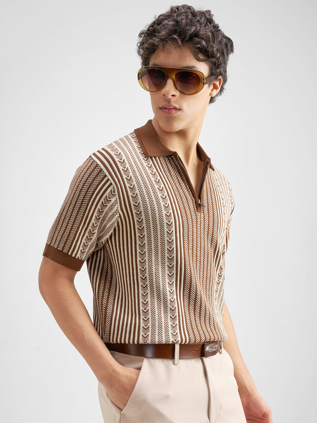 Highlander Men Brown Self Design Polo Collar T-Shirt - Brown - Image 6
