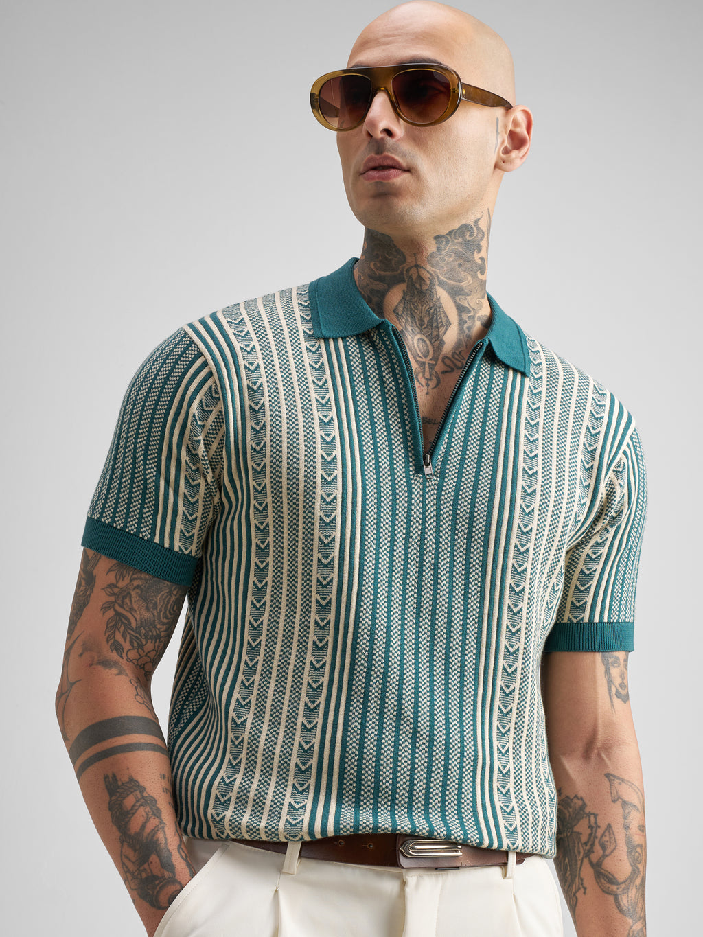 Highlander Men Teal Self Design Polo Collar T-Shirt - Teal - Image 1