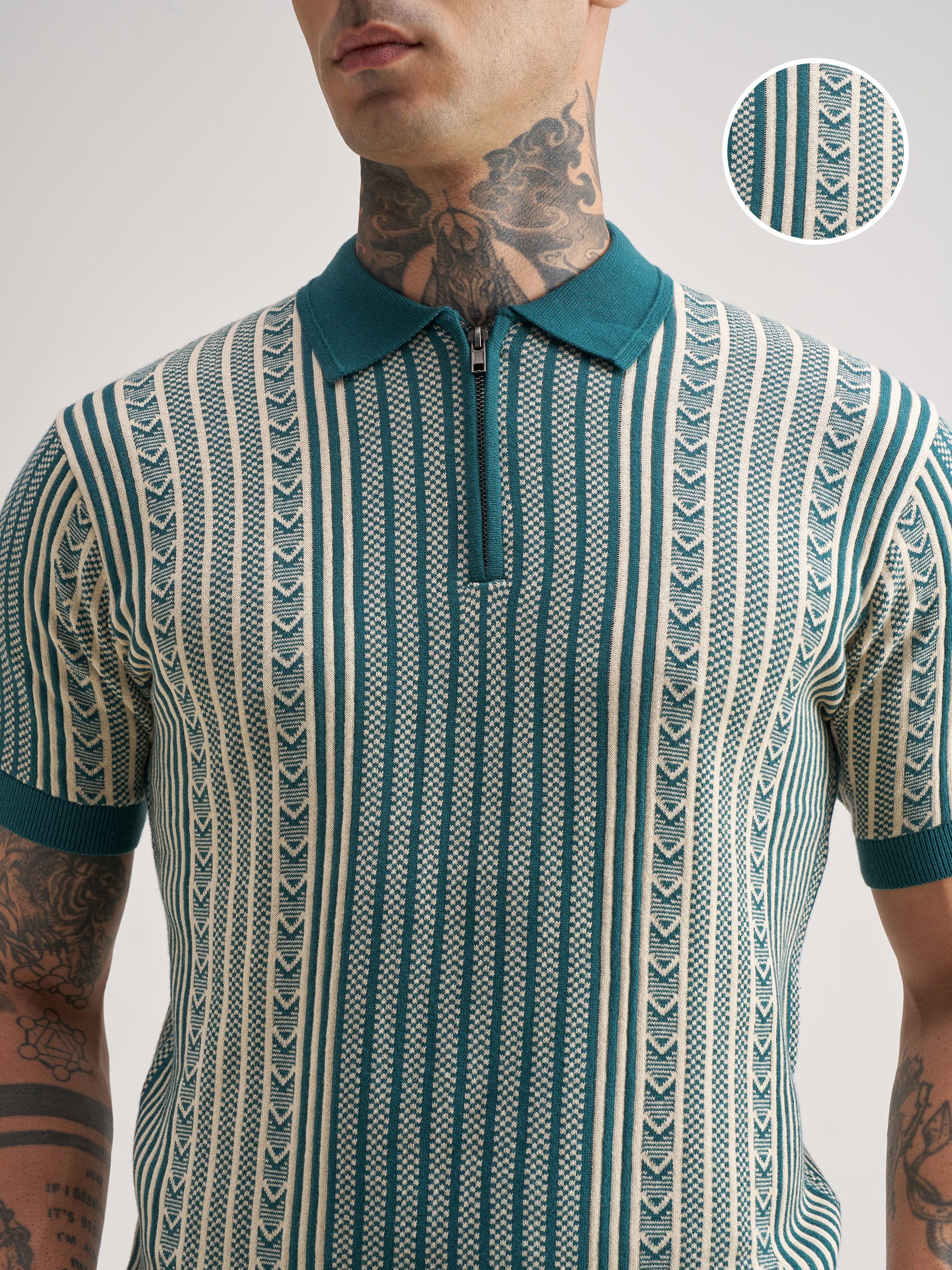 Highlander Men Teal Self Design Polo Collar T-Shirt - Teal - Image 5