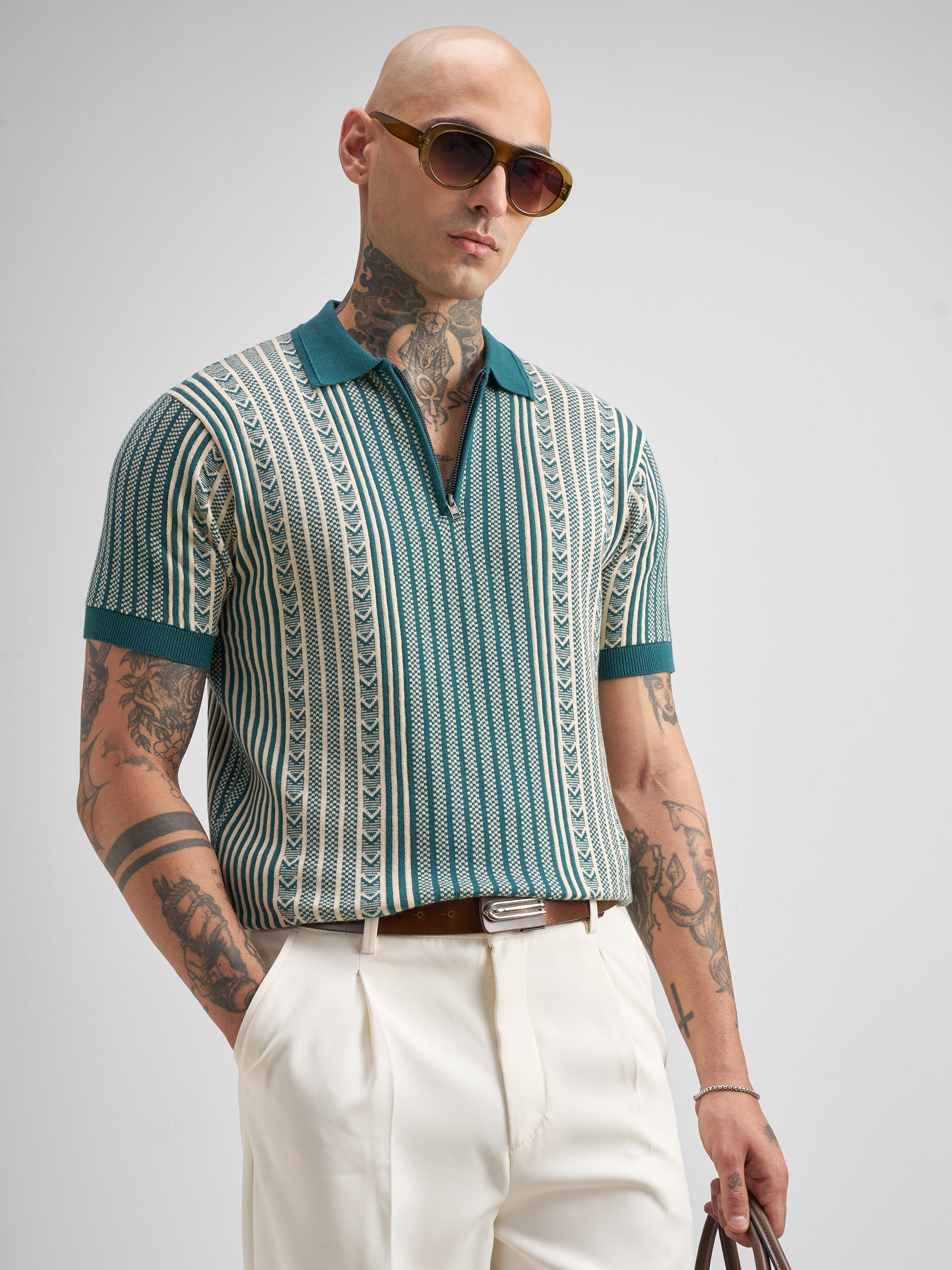 Highlander Men Teal Self Design Polo Collar T-Shirt - Teal - Image 6