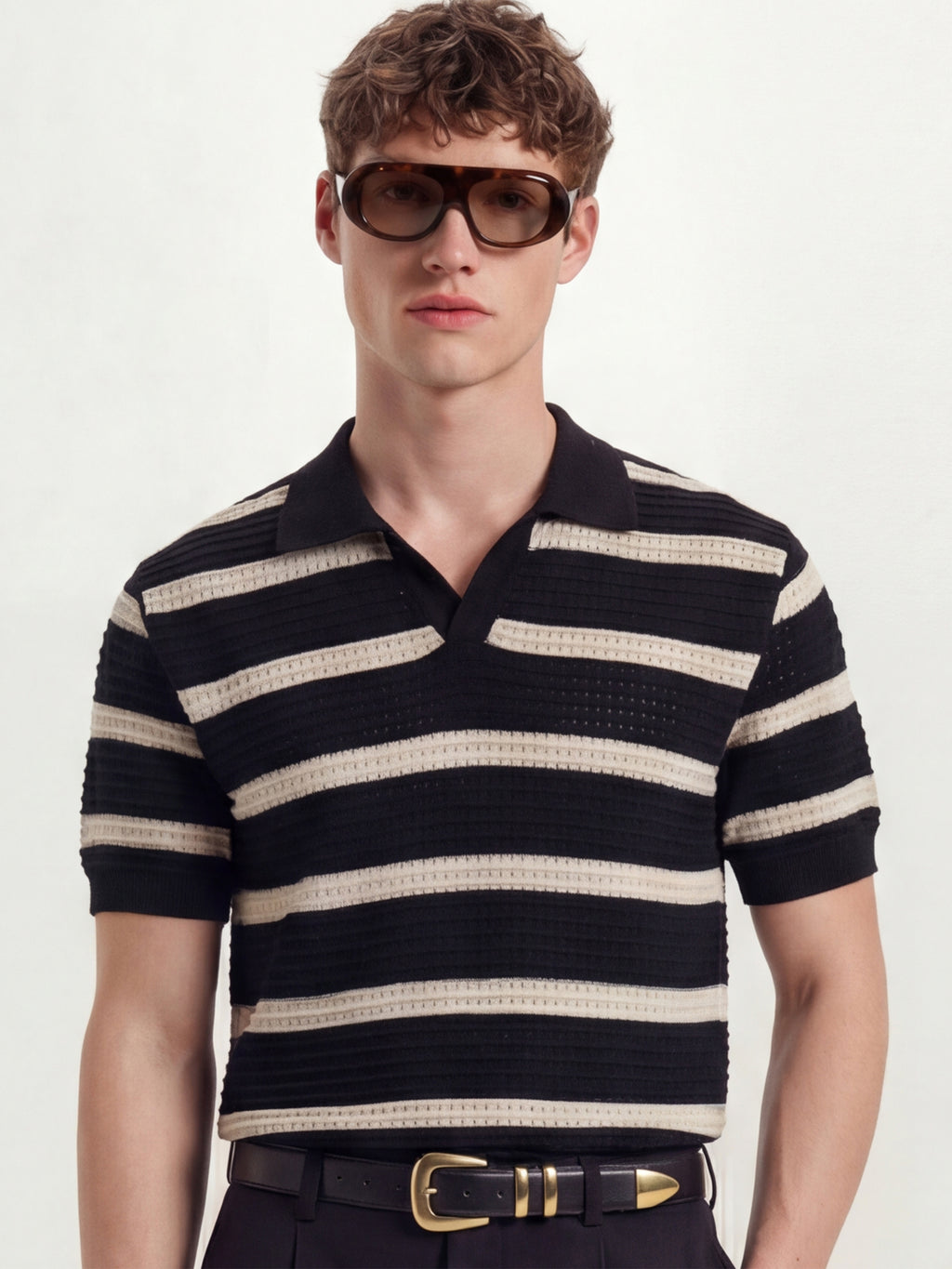 Highlander Men Black Self Design Polo Collar T-Shirt - Black - Image 1