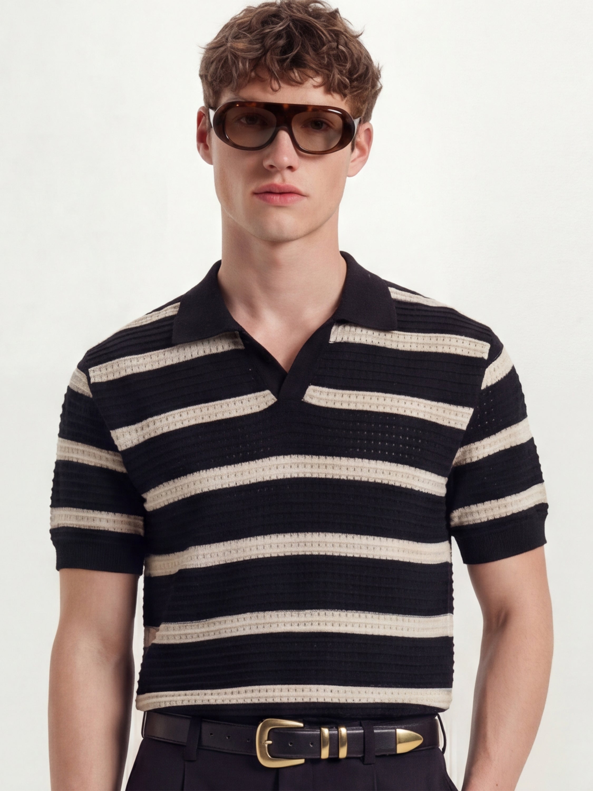 Highlander Men Black Self Design Polo Collar T-Shirt - Black - Image 1