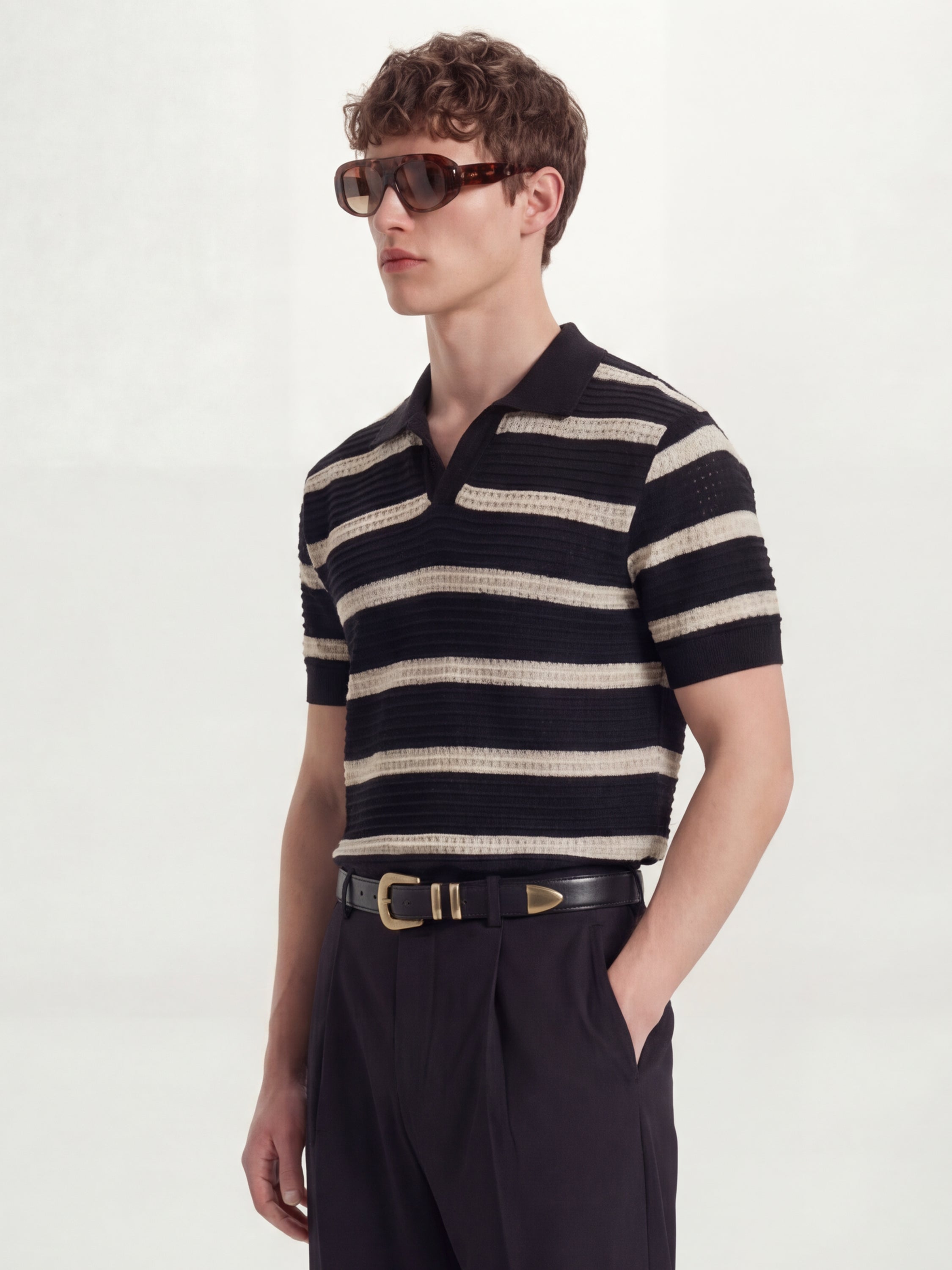 Highlander Men Black Self Design Polo Collar T-Shirt - Black - Image 4