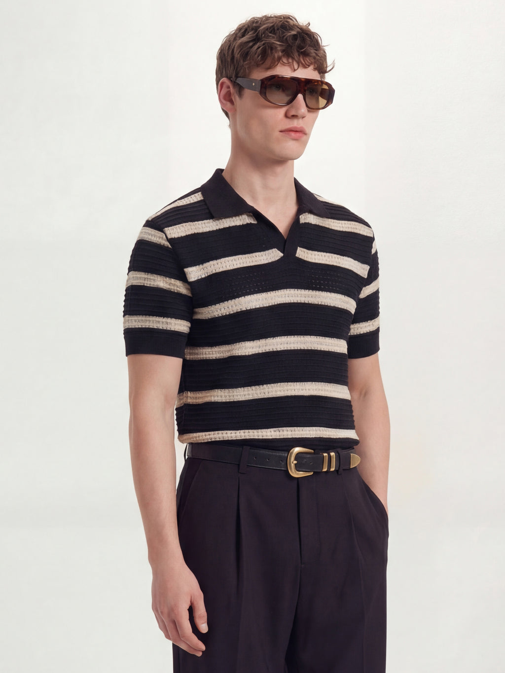 Highlander Men Black Self Design Polo Collar T-Shirt - Black - Image 6