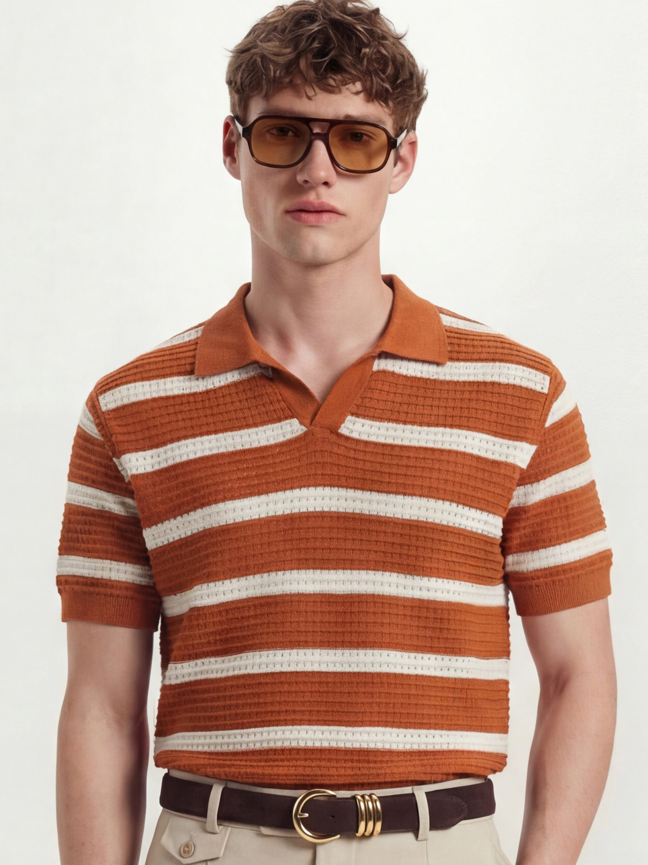Highlander Men Rust Self Design Polo Collar T-Shirt - Rust - Image 1