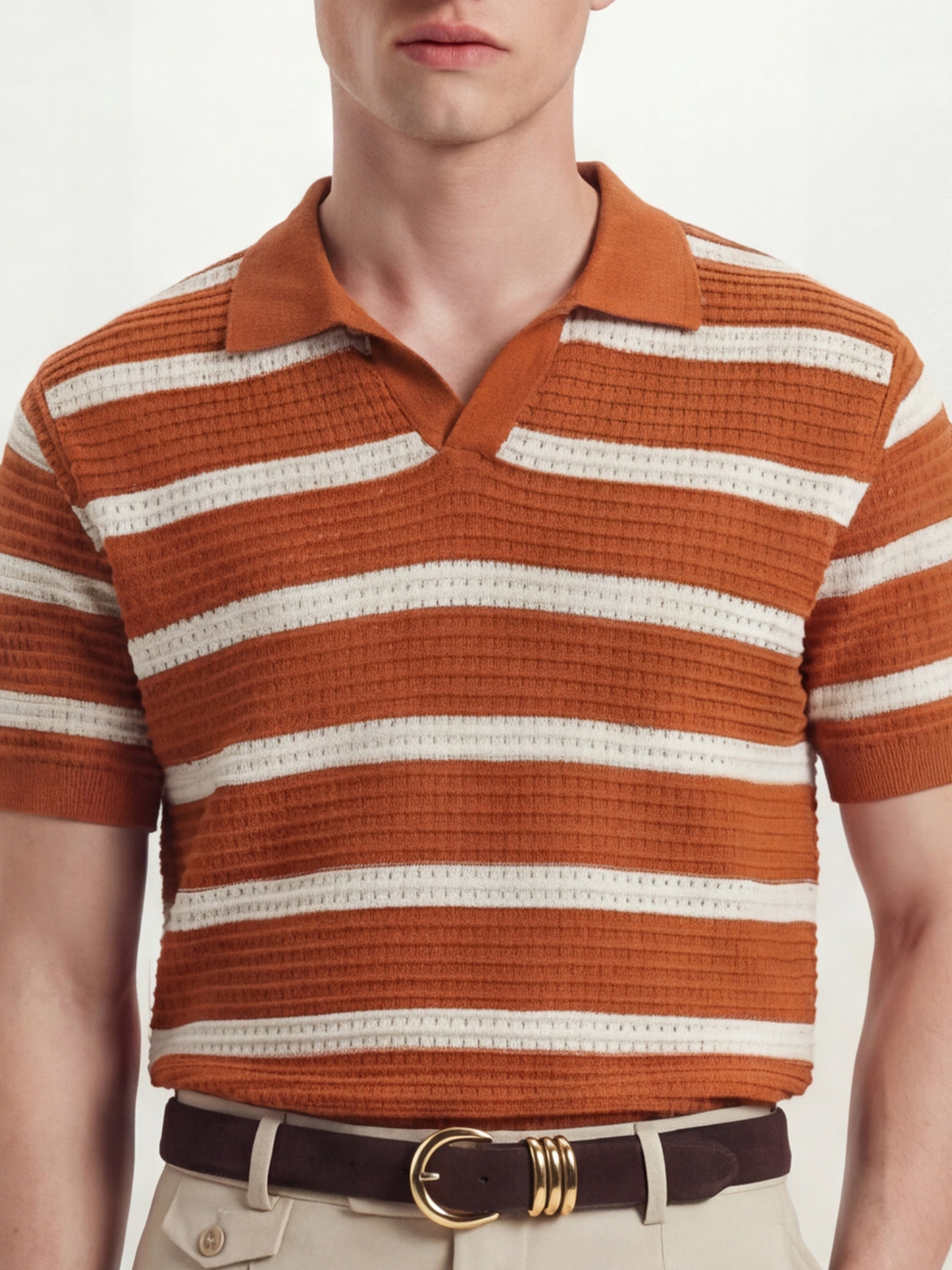 Highlander Men Rust Self Design Polo Collar T-Shirt - Rust - Image 5